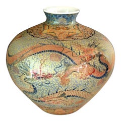 Grün-Orange-Gold-Porzellanvase eines zeitgenössischen japanischen Künstlers