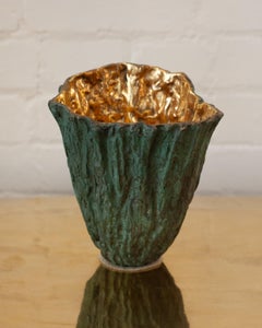 Contemporary Green Patinated Brass Wood Bark Vase with Polished Brass Interior