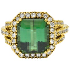 Contemporary Green Tourmaline Diamond Halo 18 Karat Gold Cocktail Ring