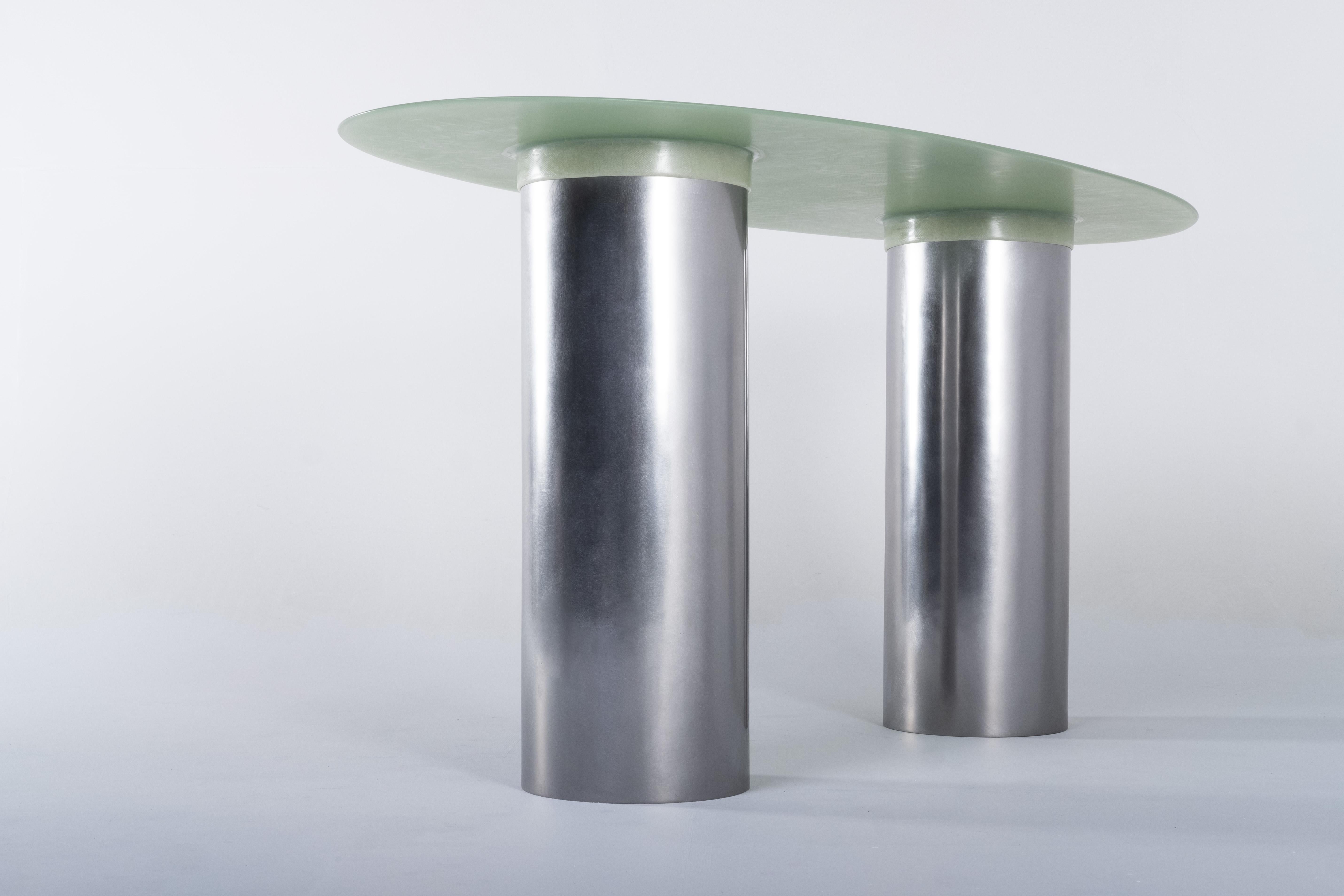 Hand-Crafted Contemporary Green transparant Fiberglass, Oval Desk Table 160cm, by Lukas Cober For Sale