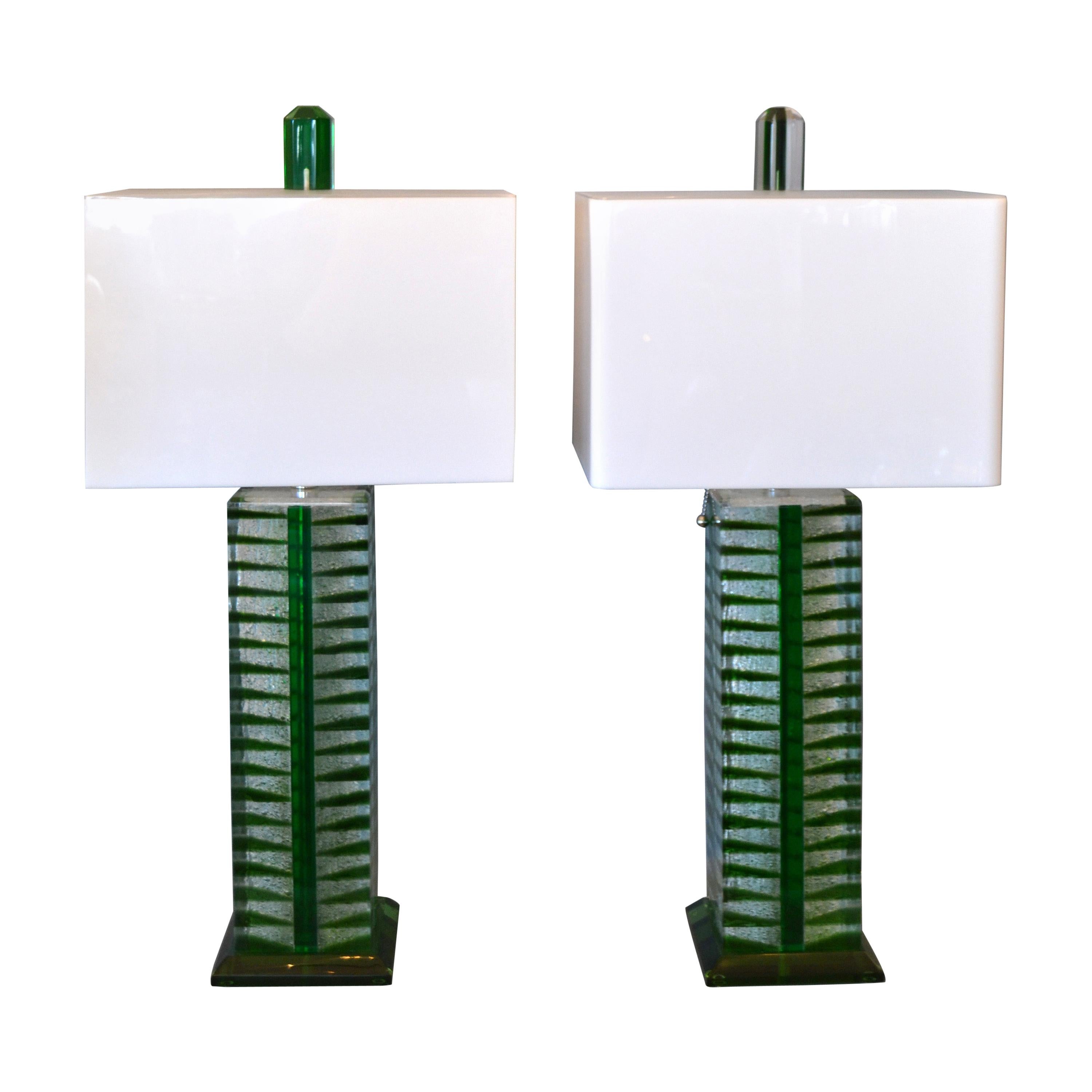Contemporary Green, White and Clear Lucite, Nickel Table Lamps with Shades, Pair