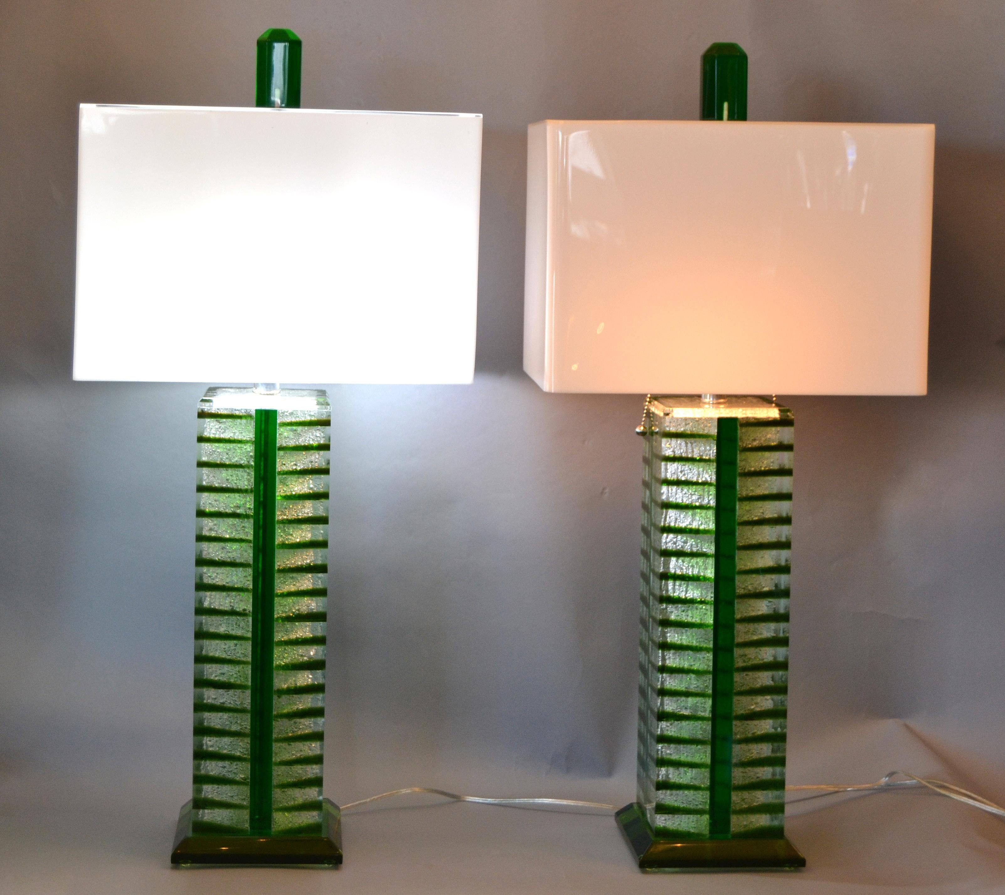 Contemporary Green, White and Clear Lucite, Nickel Table Lamps with Shades, Pair 5