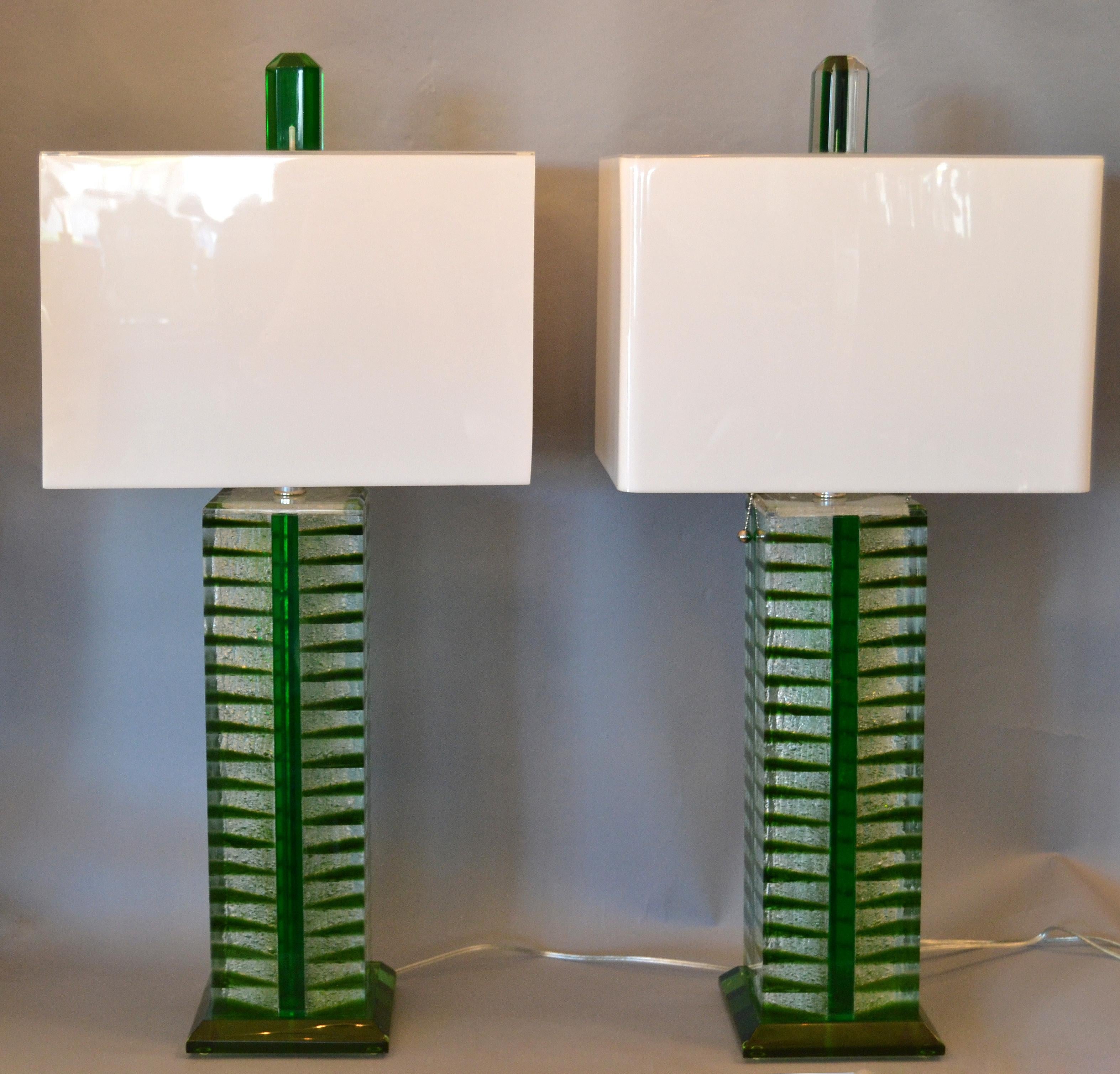 Contemporary Green, White and Clear Lucite, Nickel Table Lamps with Shades, Pair 6