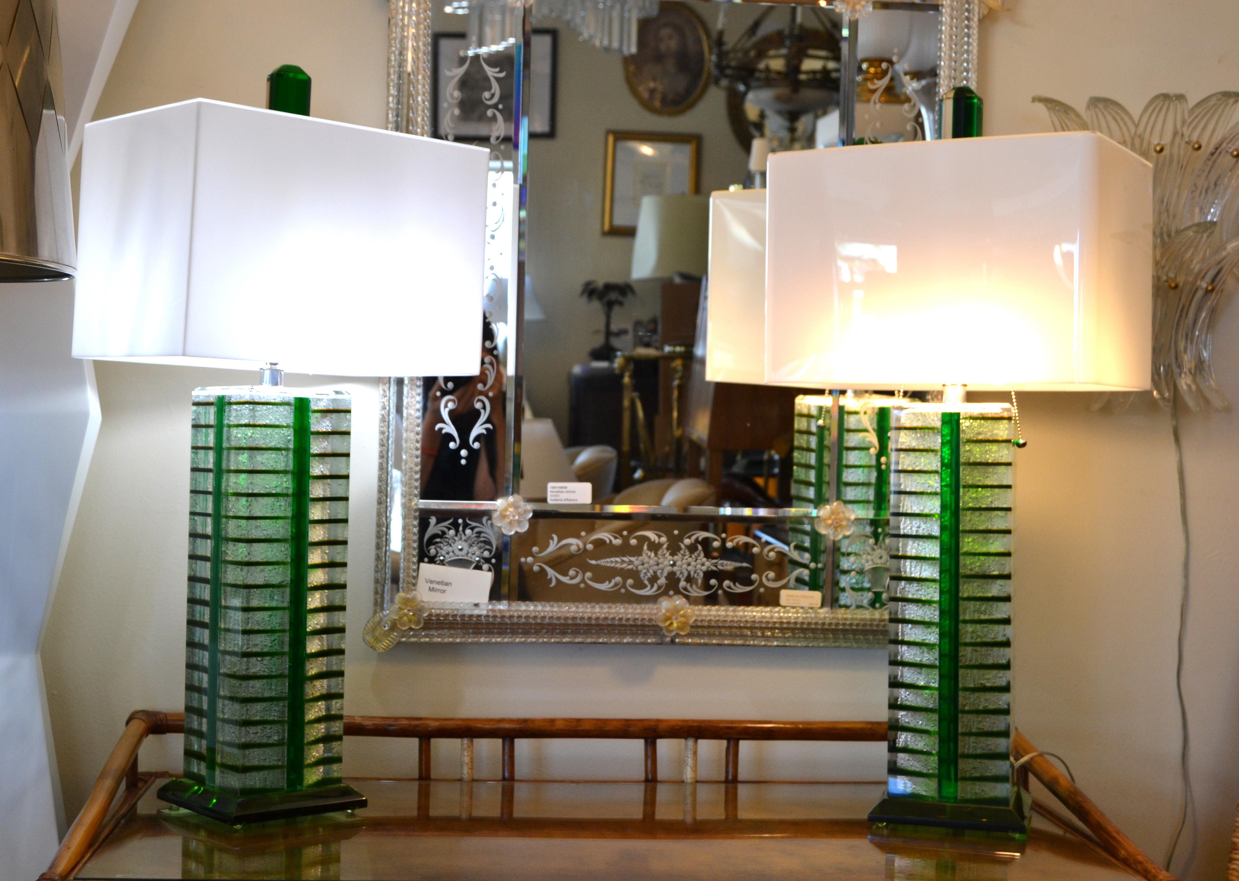 American Contemporary Green, White and Clear Lucite, Nickel Table Lamps with Shades, Pair