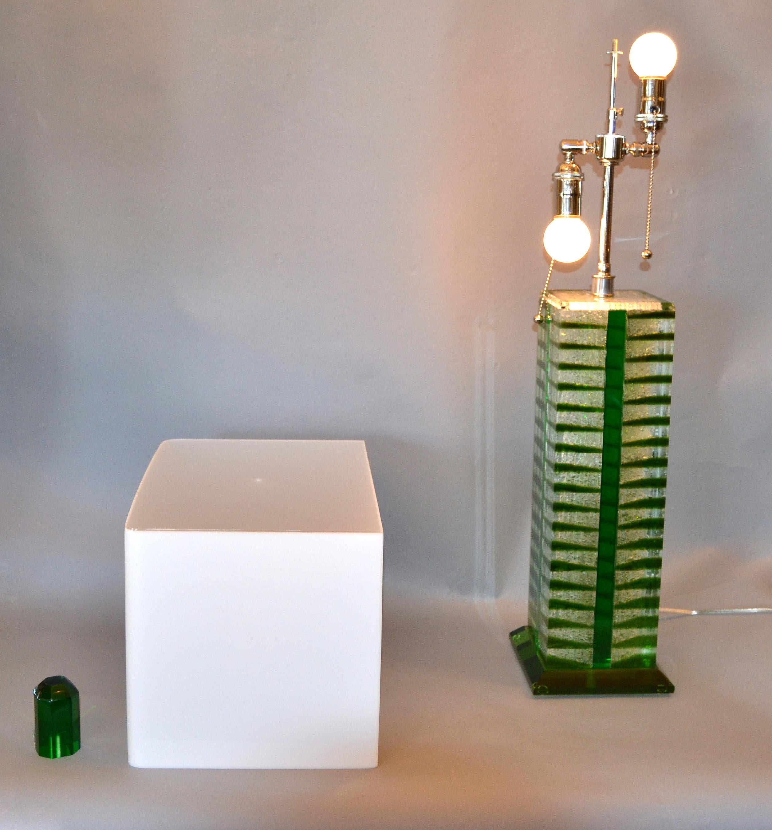 Polished Contemporary Green, White and Clear Lucite, Nickel Table Lamps with Shades, Pair