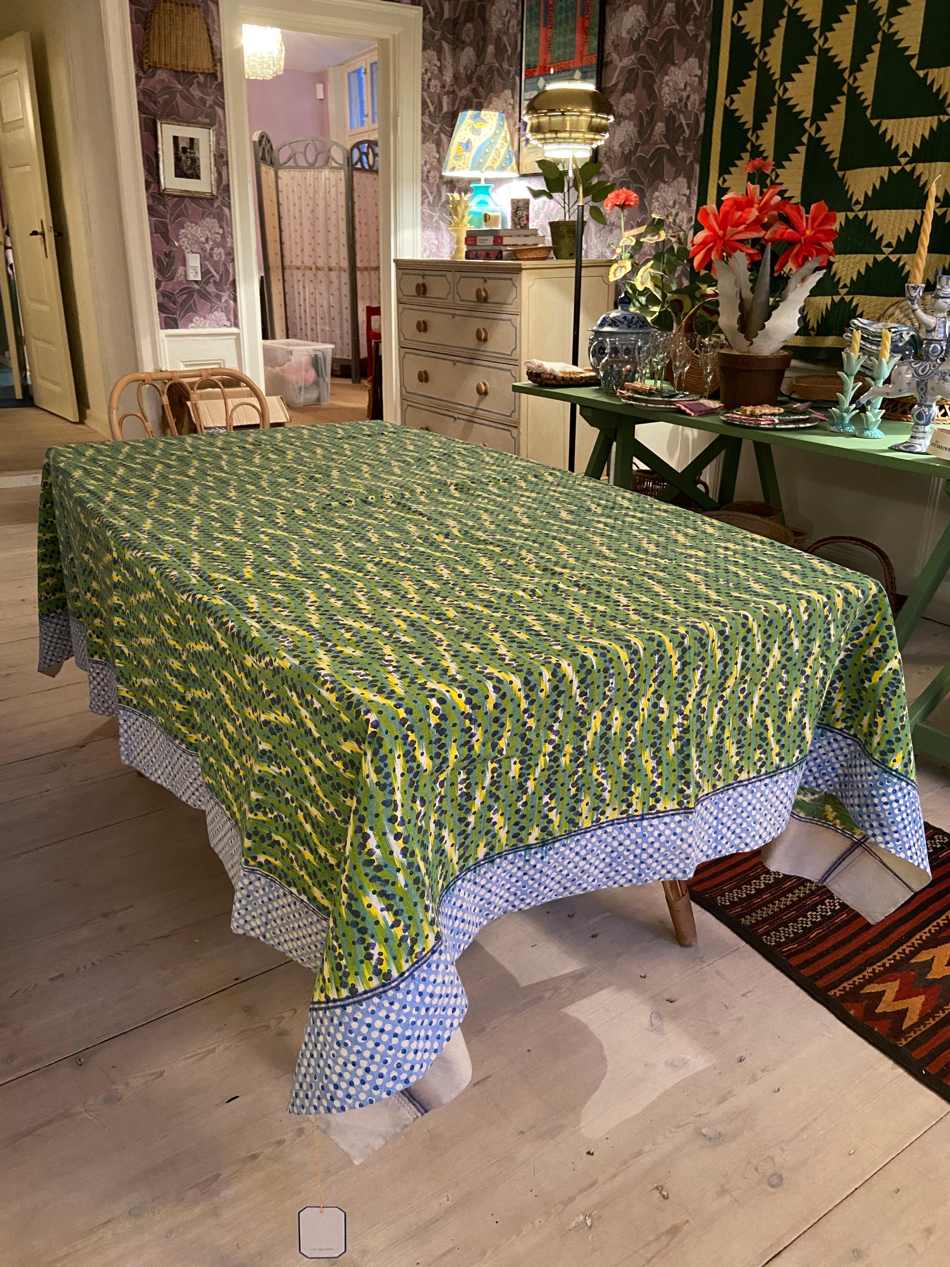 American Contemporary Gregory Parkinson Tablecloth Green Blue Ikat Hand-Blocked Patterns