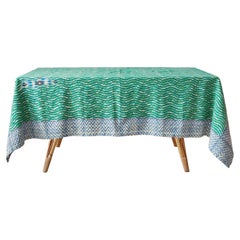 Contemporary Gregory Parkinson Tablecloth Green Blue Ikat Hand-Blocked Patterns