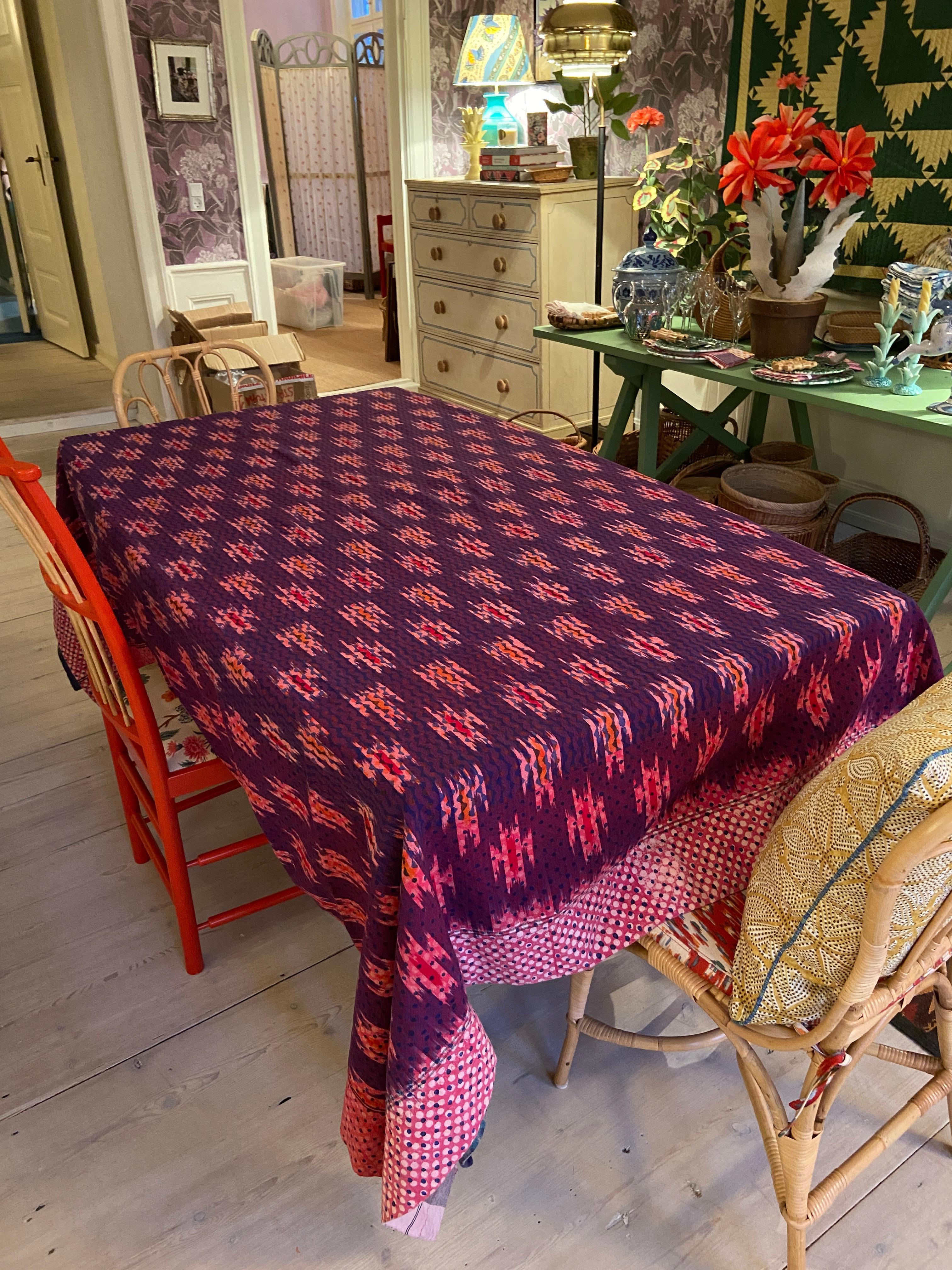 Contemporary Gregory Parkinson Tablecloth Purple Pink Ikat Hand-Blocked Patterns 1