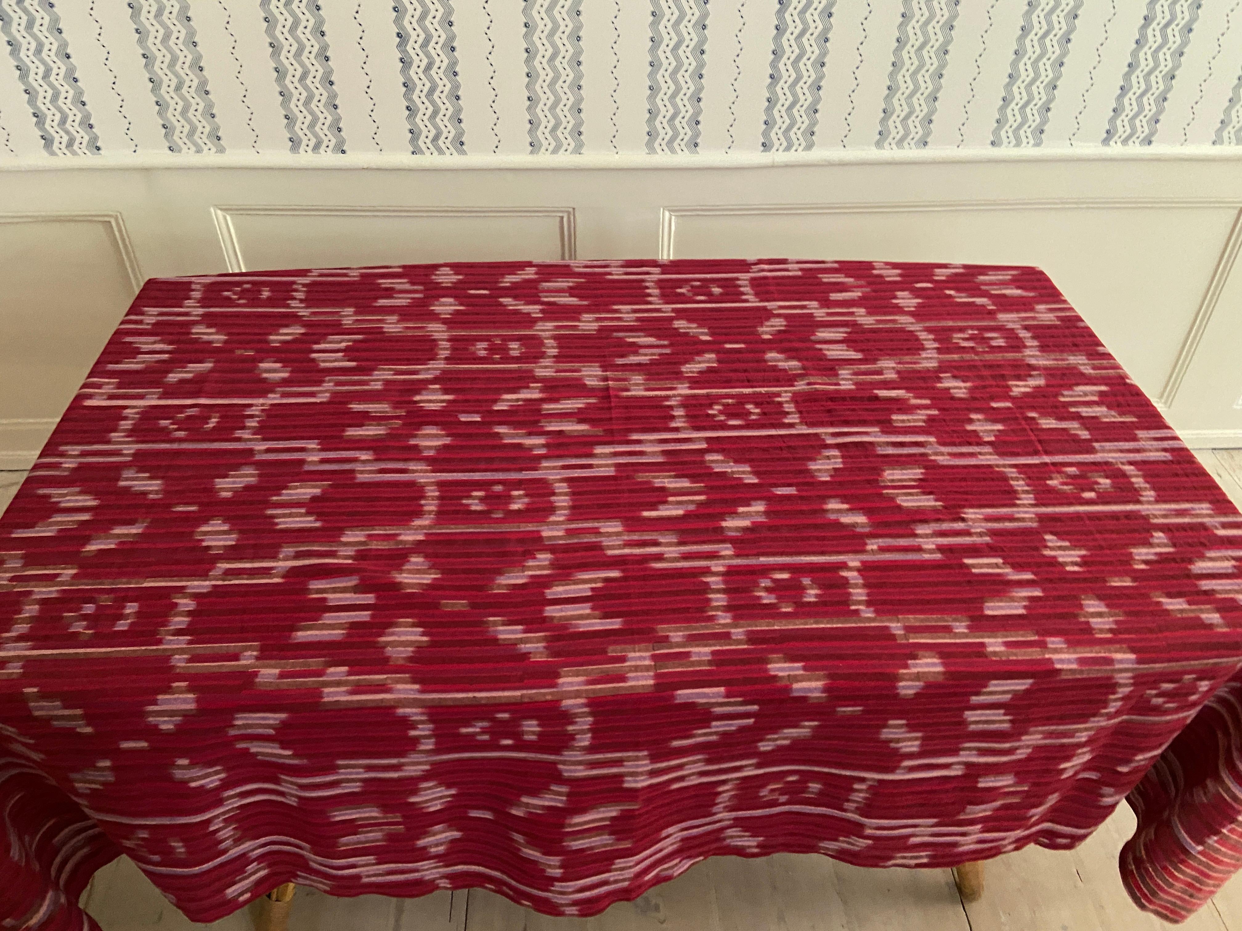 Textile Contemporary Gregory Parkinson Tablecloth Red Pink Ikat Hand-Blocked Patterns For Sale