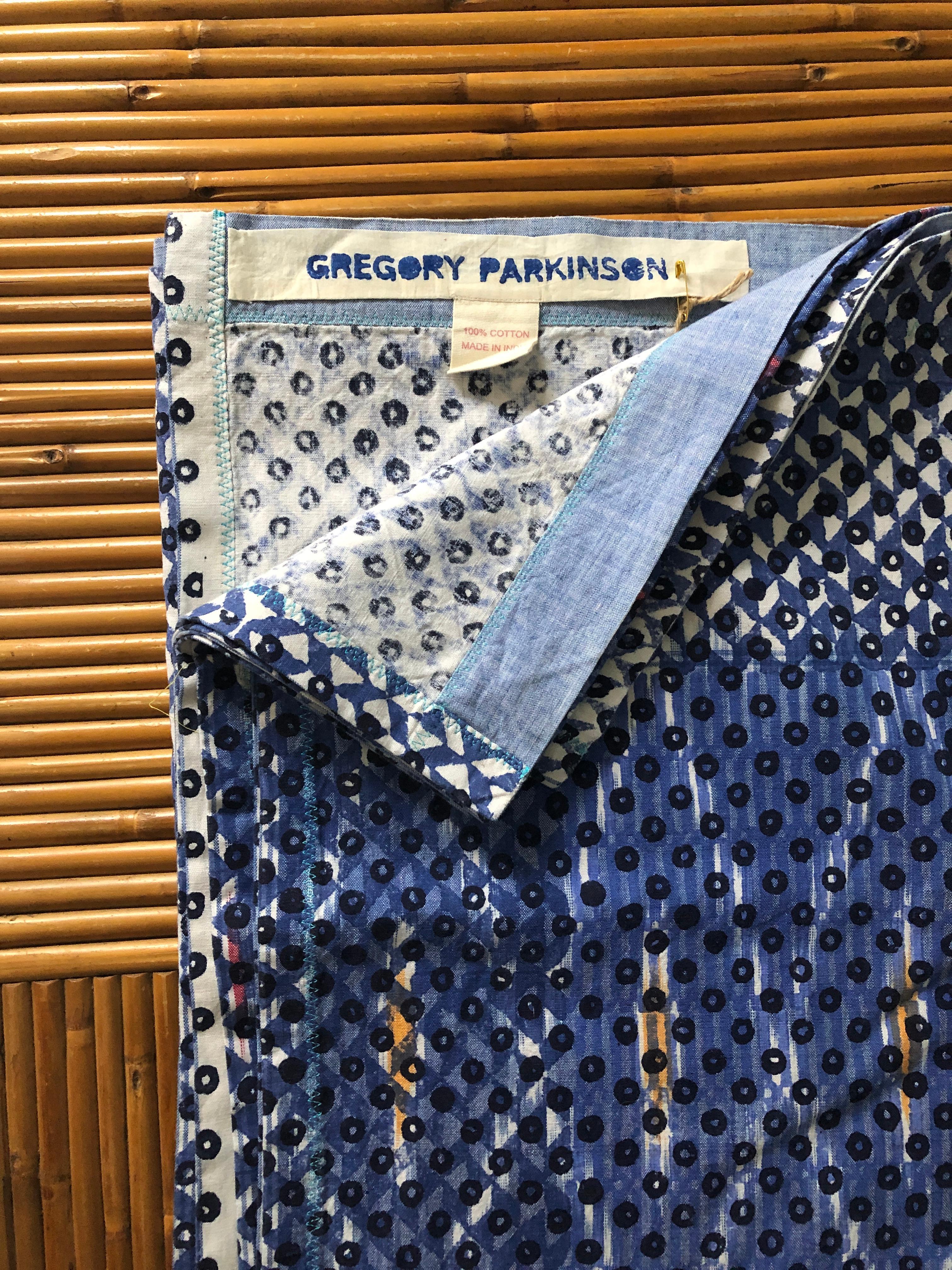 American Contemporary Gregory Parkinson Tablecloth with Blue Ikat Hand-Blocked Patterns