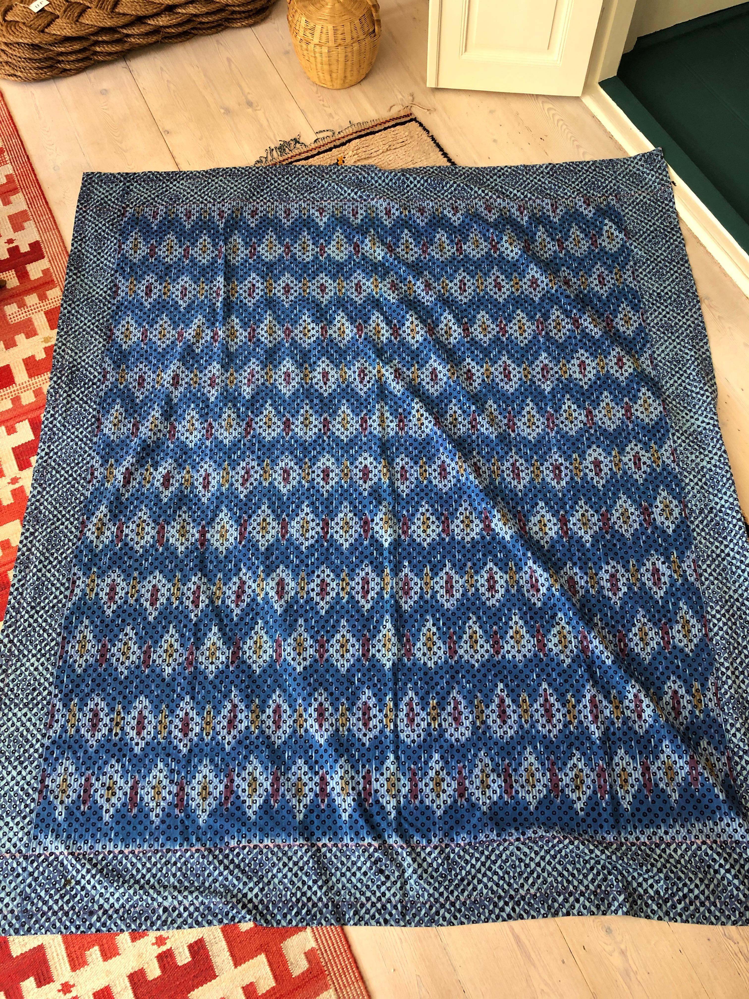 Contemporary Gregory Parkinson Tablecloth with Blue Ikat Hand-Blocked Patterns 3