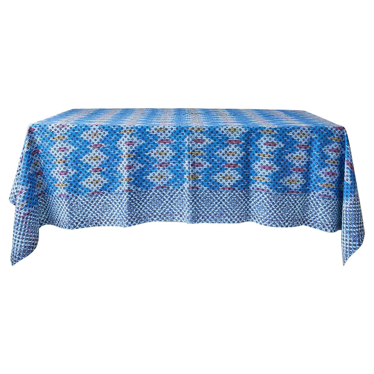 Contemporary Gregory Parkinson Tablecloth with Blue Ikat Hand-Blocked Patterns