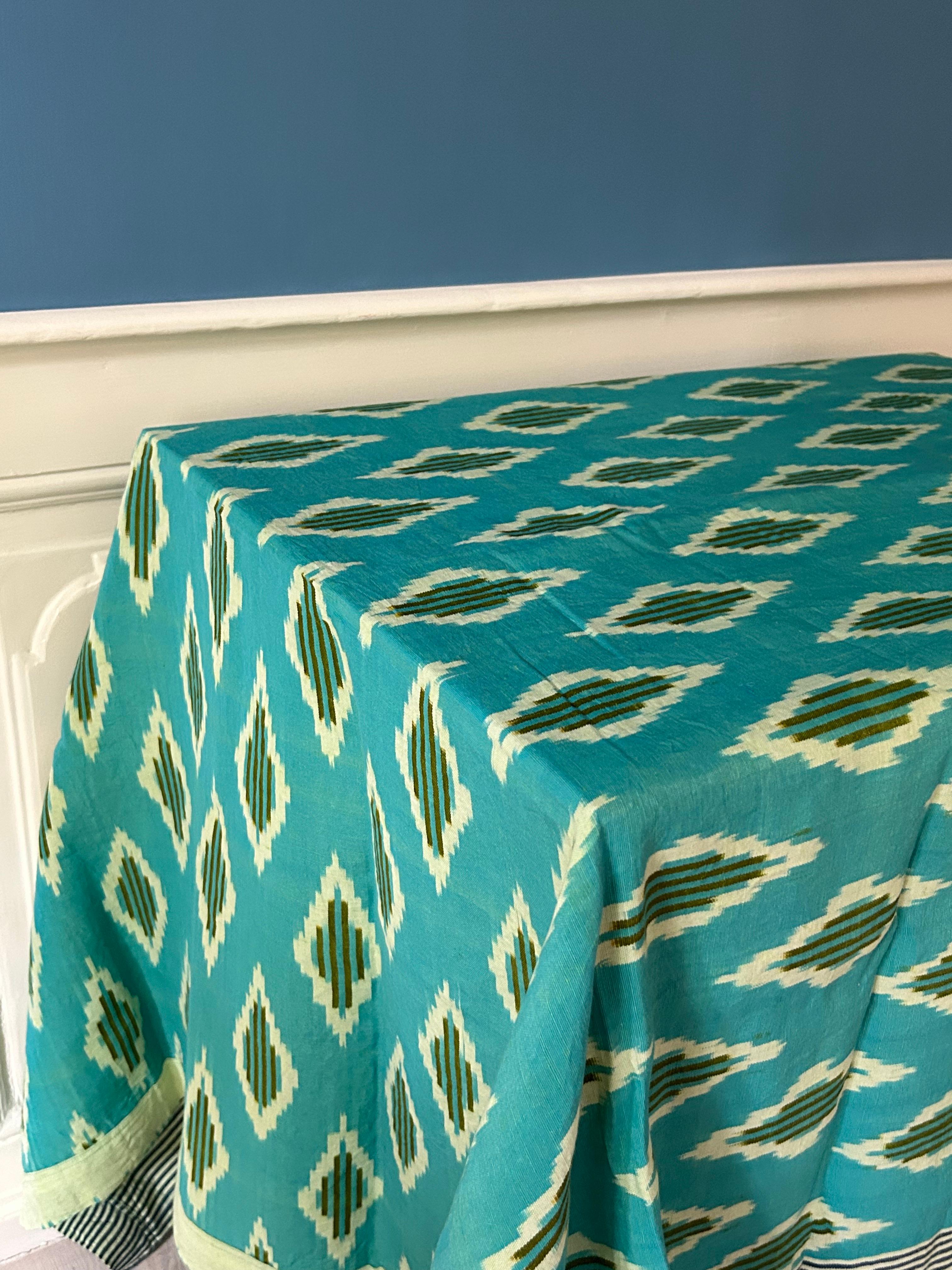 American Contemporary Gregory Parkinson Turquoise Hand-Blocked Tablecloth Ikat, USA, 2023 For Sale