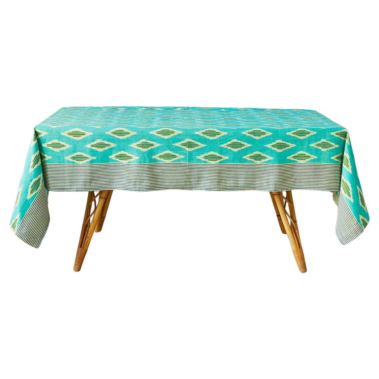 Contemporary Gregory Parkinson Turquoise Hand-Blocked Tablecloth Ikat, USA, 2023