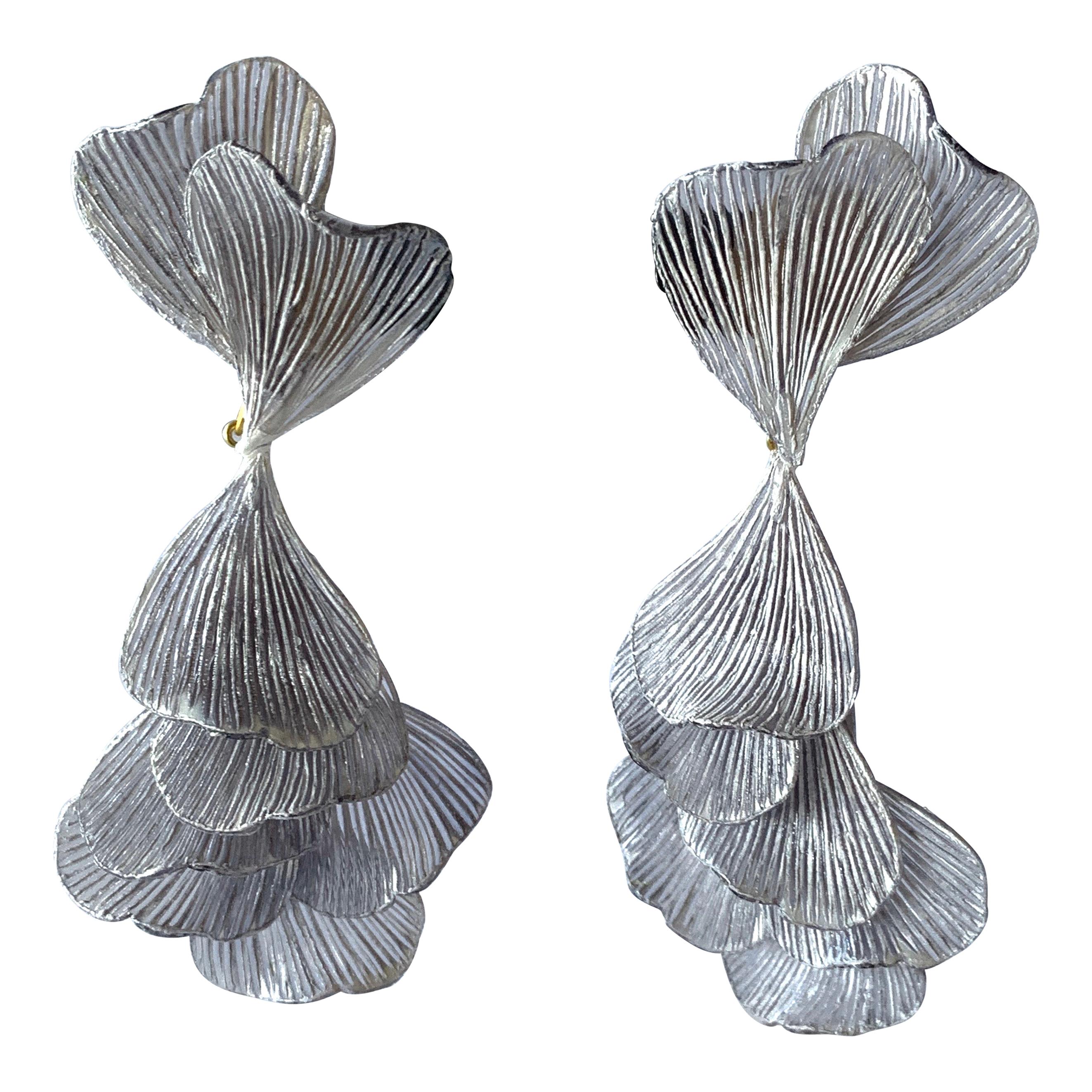 Contemporary Grey Architectural Wave Chandelier Statement Earrings 