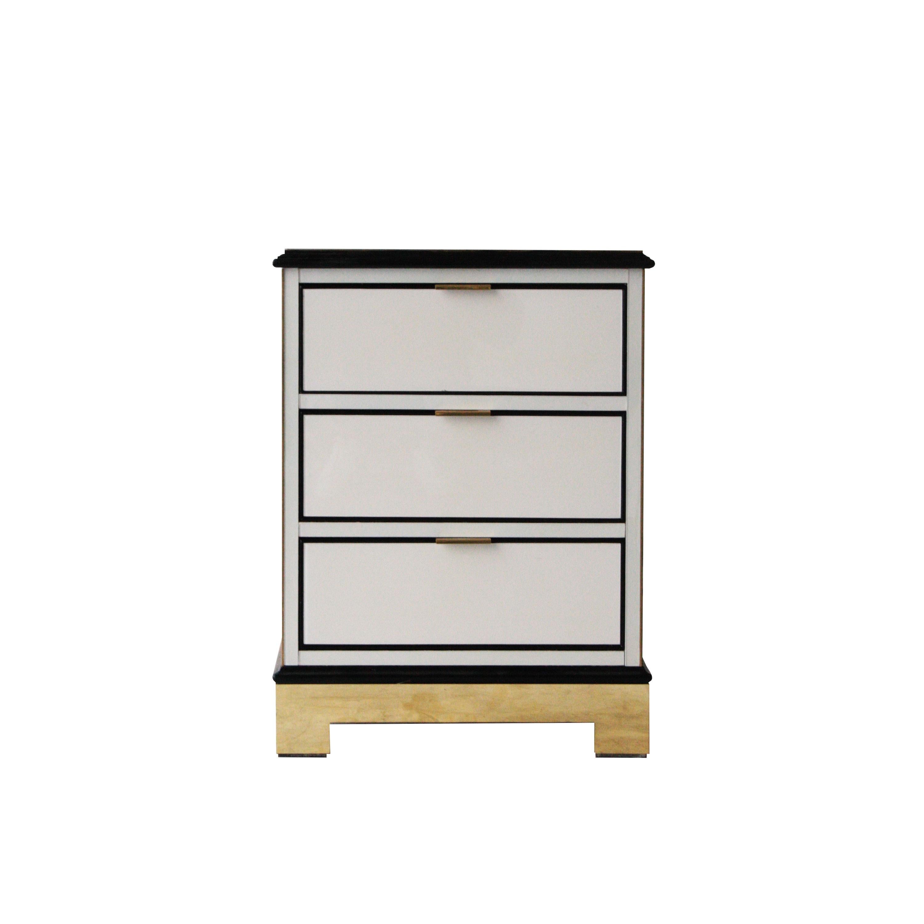 Pair of rectangular bedside tables with gold metal details and coated in grey, black and white crystals with three drawers.