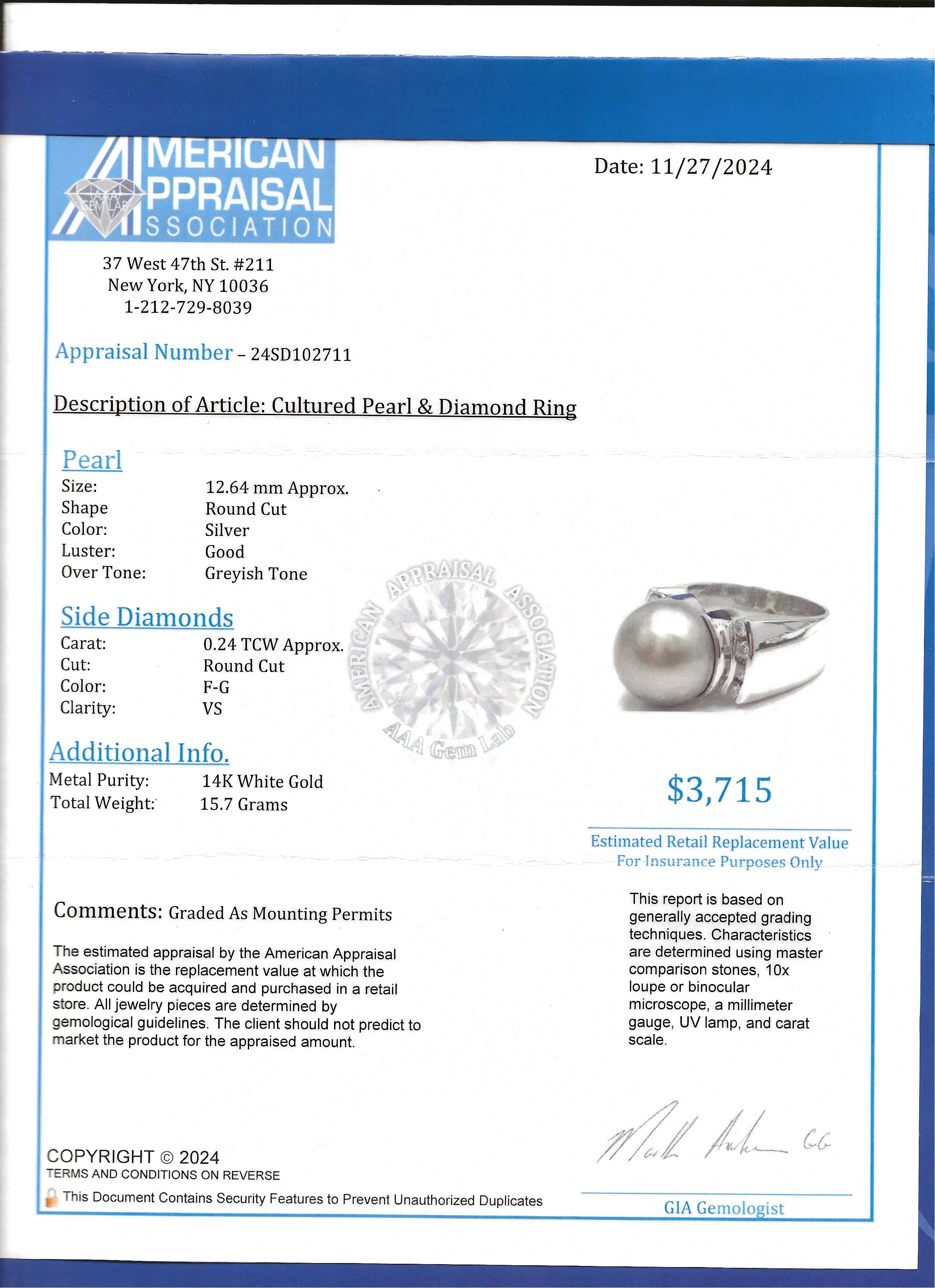 Anillo Contemporáneo de Perla Cultivada Gris con Diamantes en Oro Blanco de 14 Kilates en venta 8