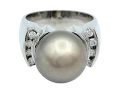Contemporary Grey Cultured Pearl Ring with Diamonds in 14 Karat White Gold