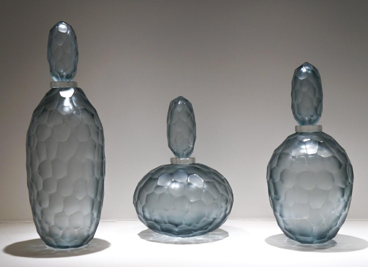 Alberto Donà Gray Engraved Murano Glass Bottles Molato, 1980s For Sale 5