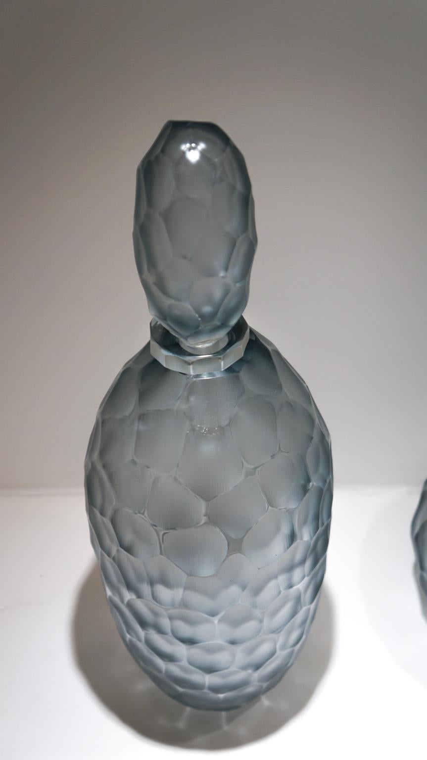 Italian Alberto Donà Gray Engraved Murano Glass Bottles Molato, 1980s For Sale