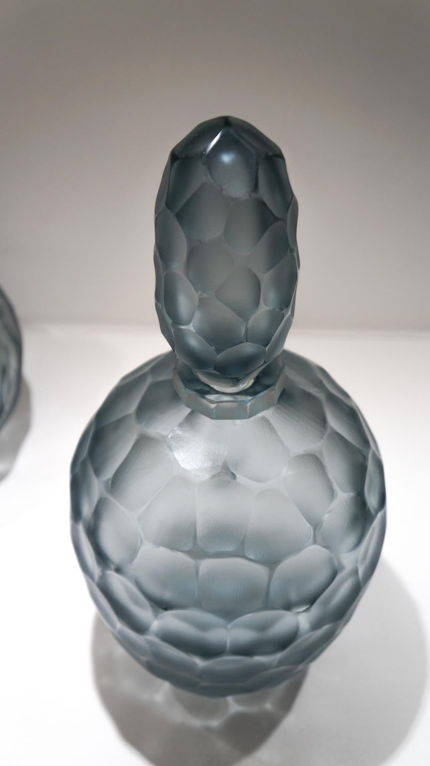 Late 20th Century Alberto Donà Gray Engraved Murano Glass Bottles Molato, 1980s For Sale