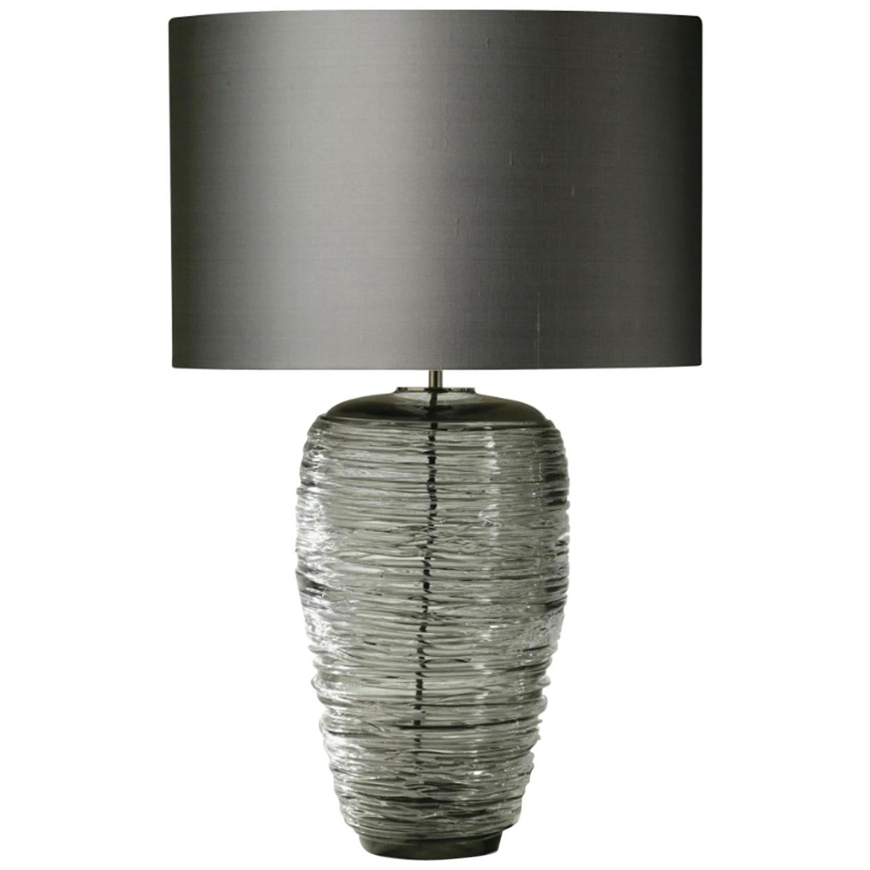 Contemporary Grey Glass Table Lamp with Silk Lampshade