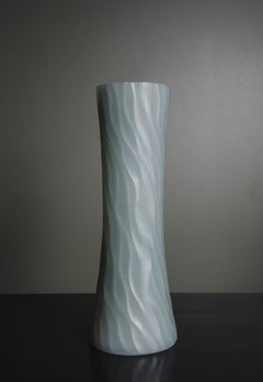 Contemporary Grey Peking Glass Cylindrical Carved Wave Design Vase by Robert Kuo
