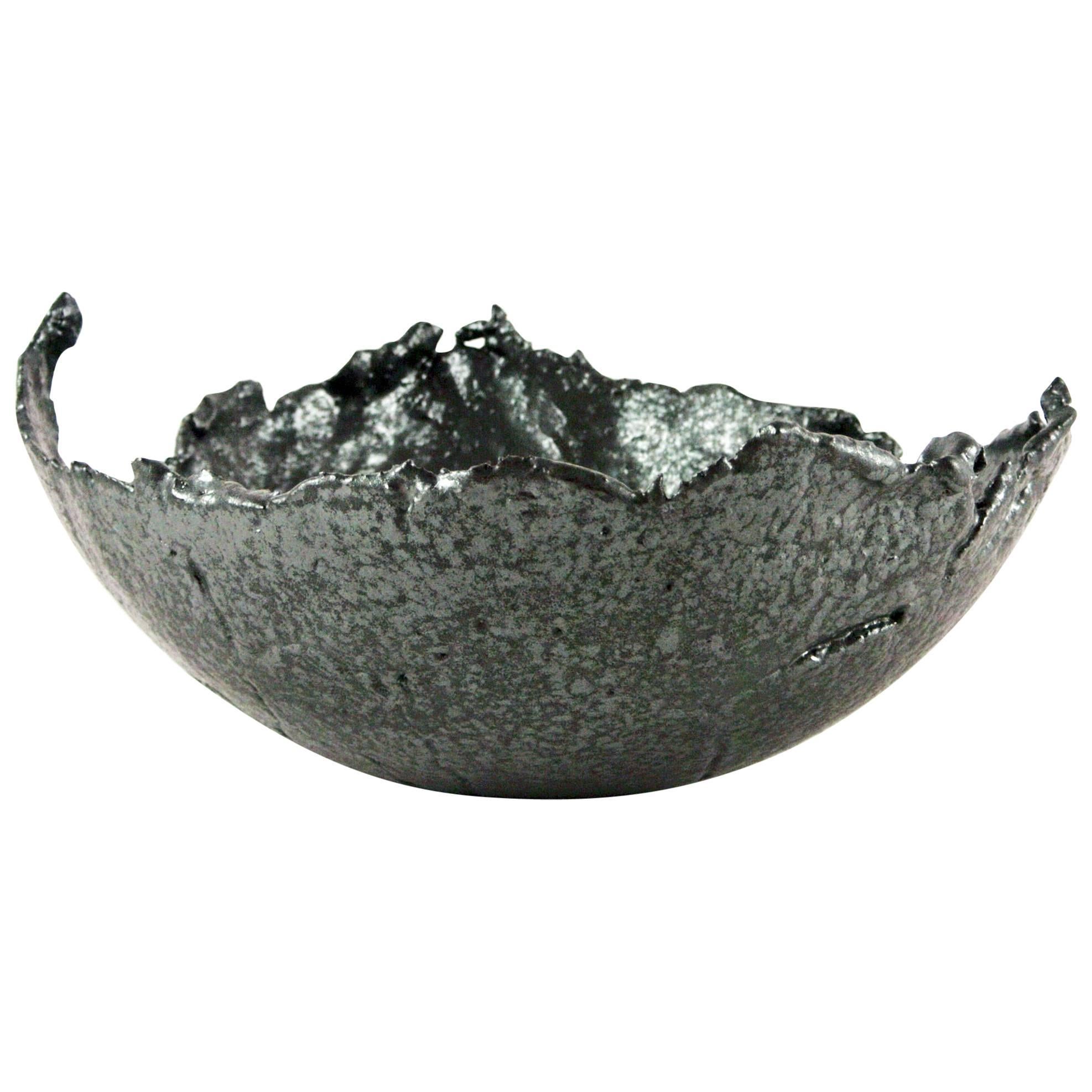 Contemporary Grey Stoneware Bowl with Black Silvery Glaze For Sale