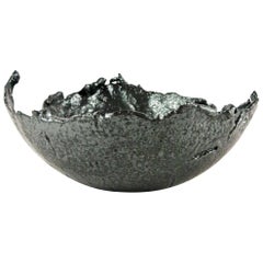Contemporary Grey Stoneware Bowl with Black Silvery Glaze