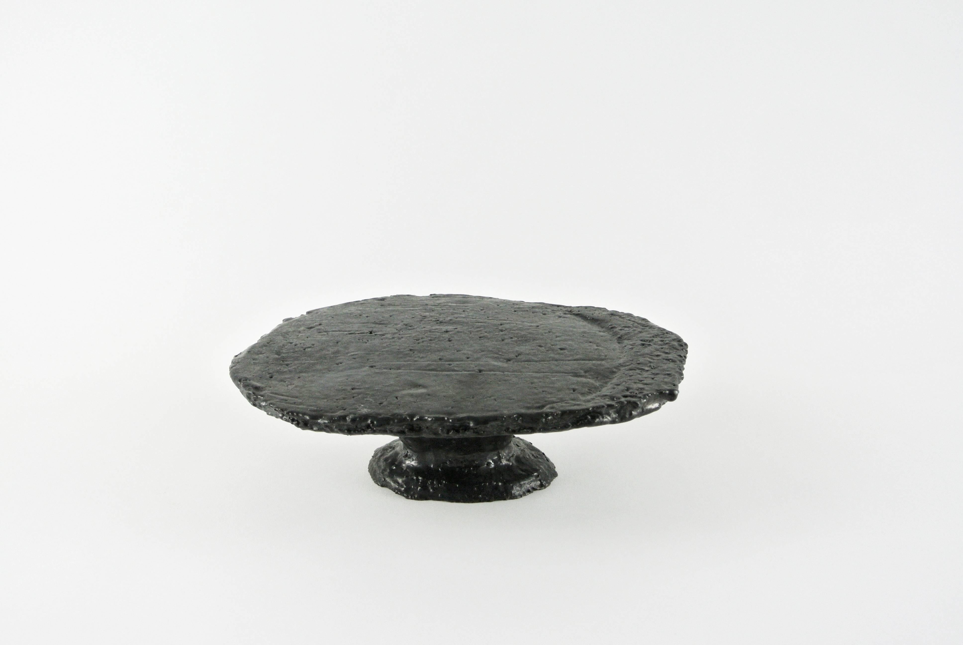 Organic Modern Contemporary Grey Stoneware Platform with Black metallic Glaze