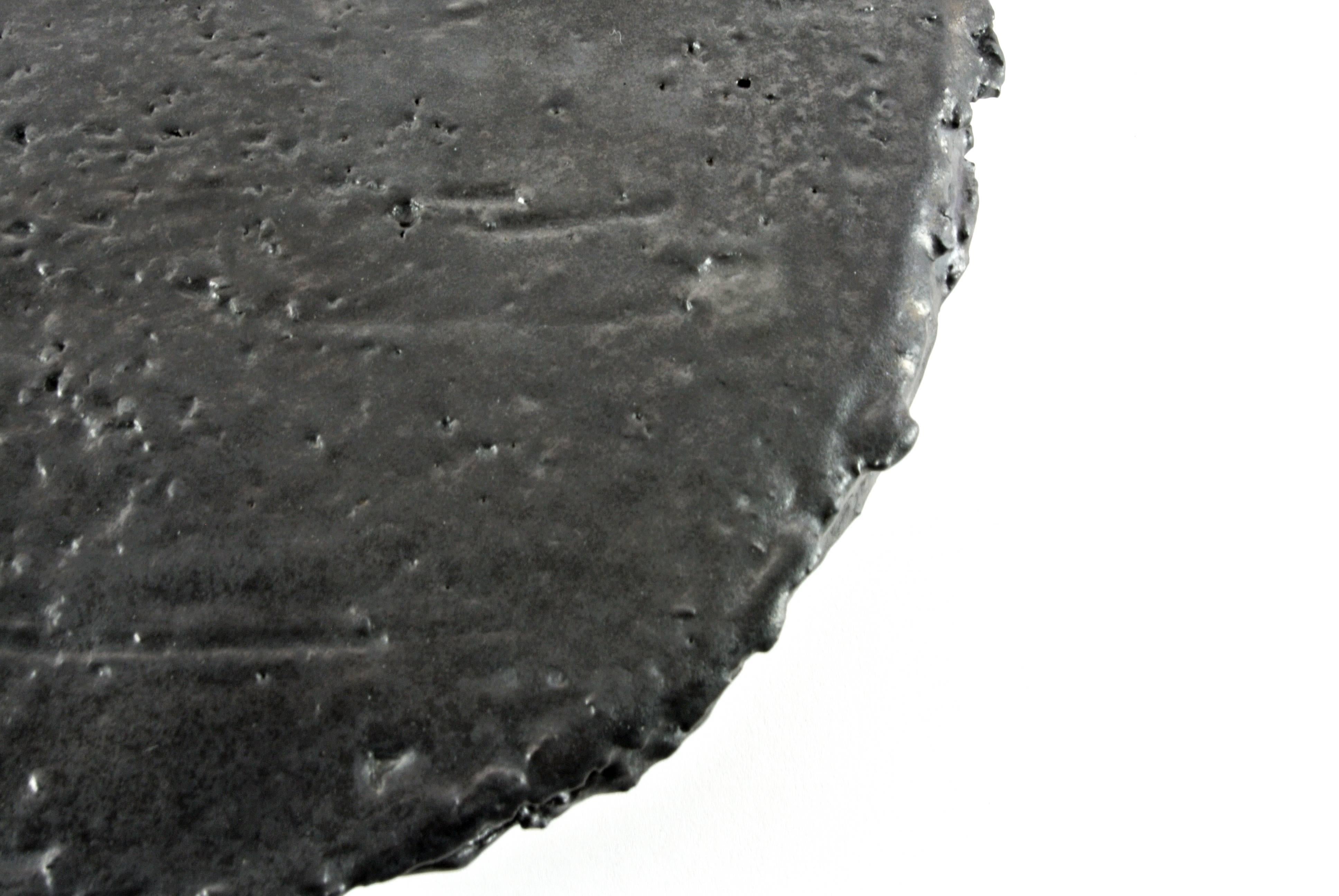 Hand-Crafted Contemporary Grey Stoneware Platform with Black metallic Glaze