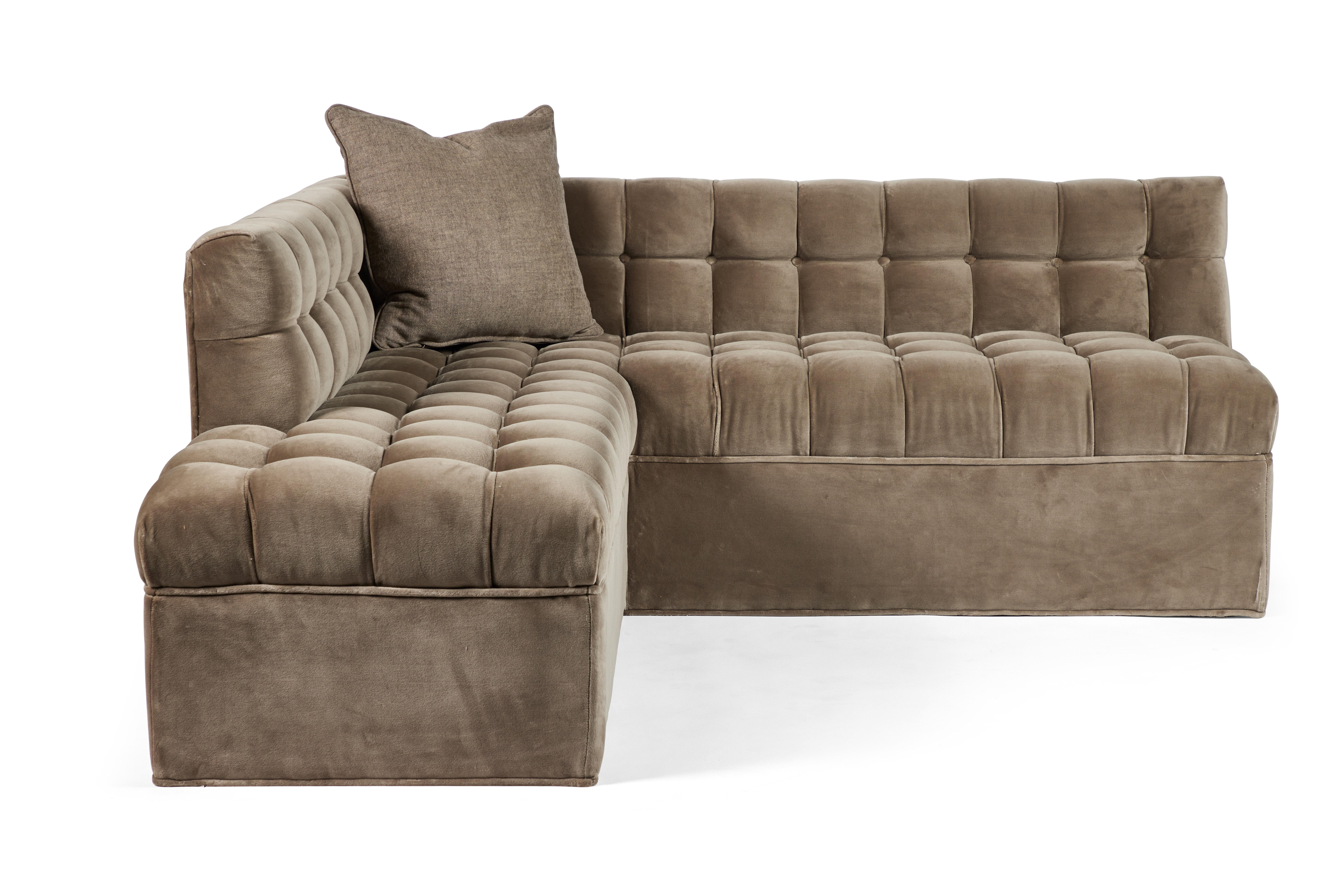 A set of 2 contemporary grey suede biscuit-tufted L-shaped corner sofas with custom matching pillows. 

Dimensions: 24