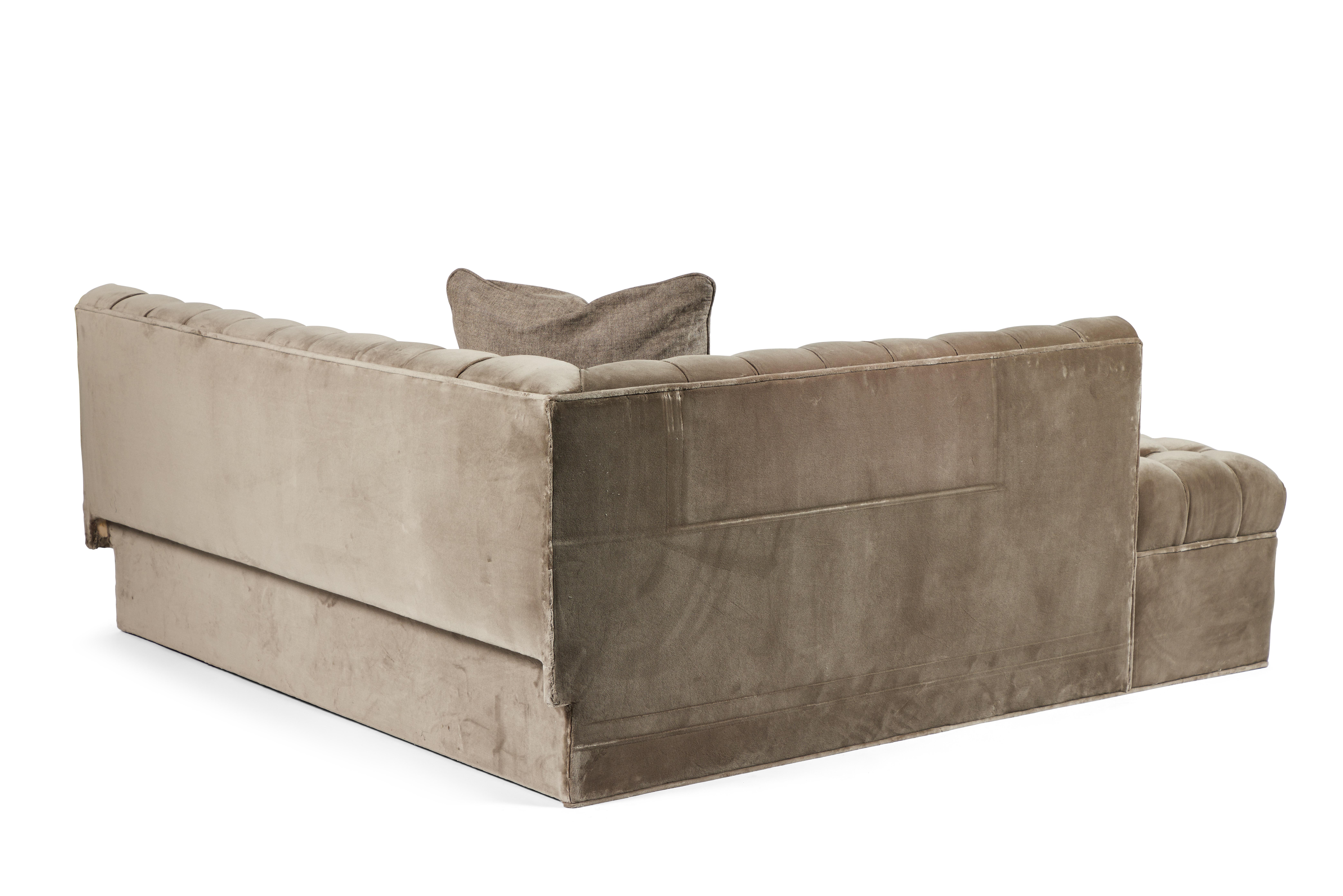 American Contemporary Grey Suede Tufted L-Shaped Corner Sofas, Set of 2 For Sale