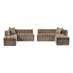 Contemporary Grey Suede Tufted L-Shaped Corner Sofas, Set of 2