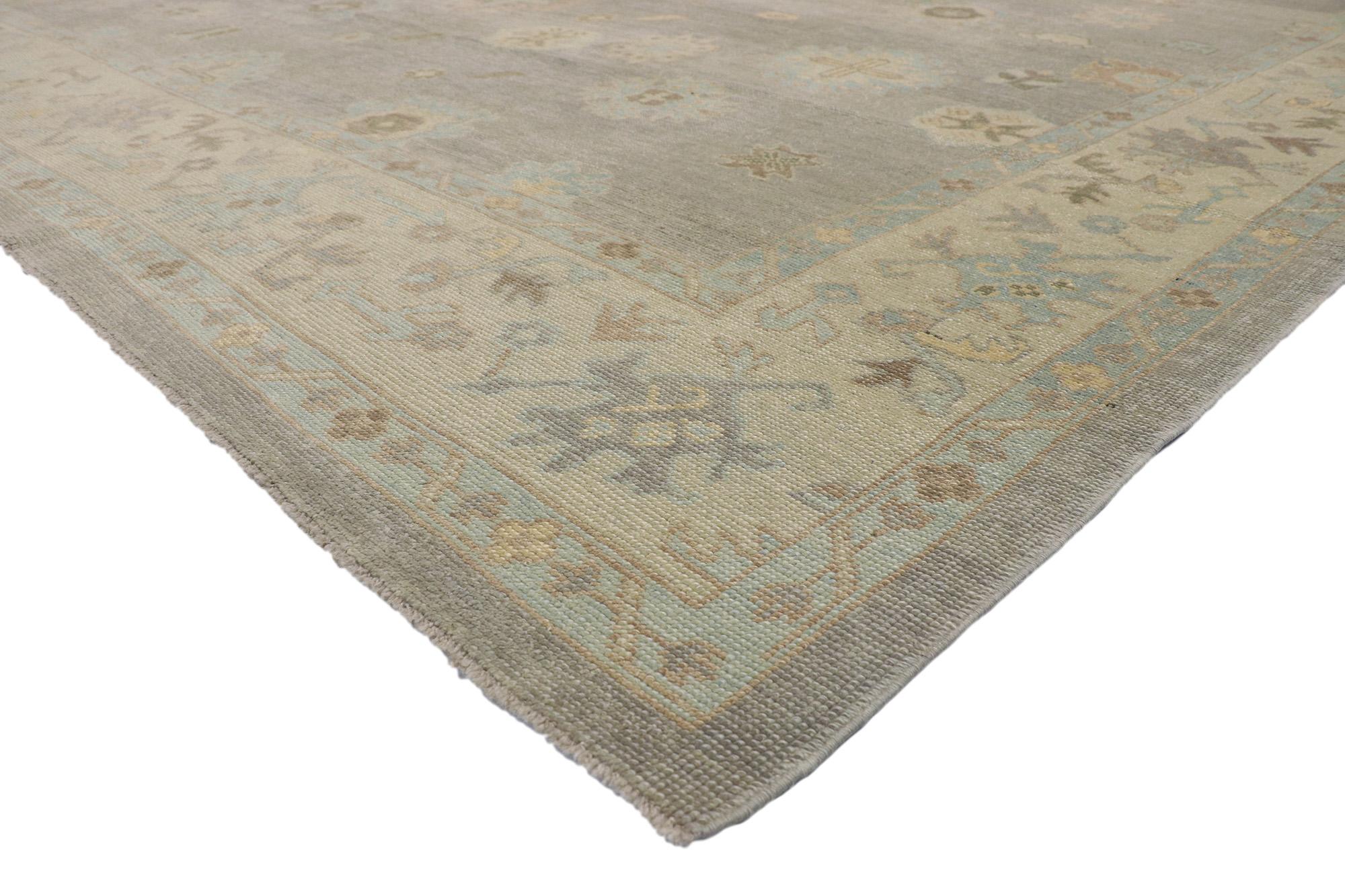 51608 Modern Oushak Turkish Rug, 11'07 x 16'03. Turkish Oushak rugs, originating from the Western region of Oushak in Turkey, are renowned for their intricate patterns, serene color schemes, and opulent wool materials. With roots tracing back to the