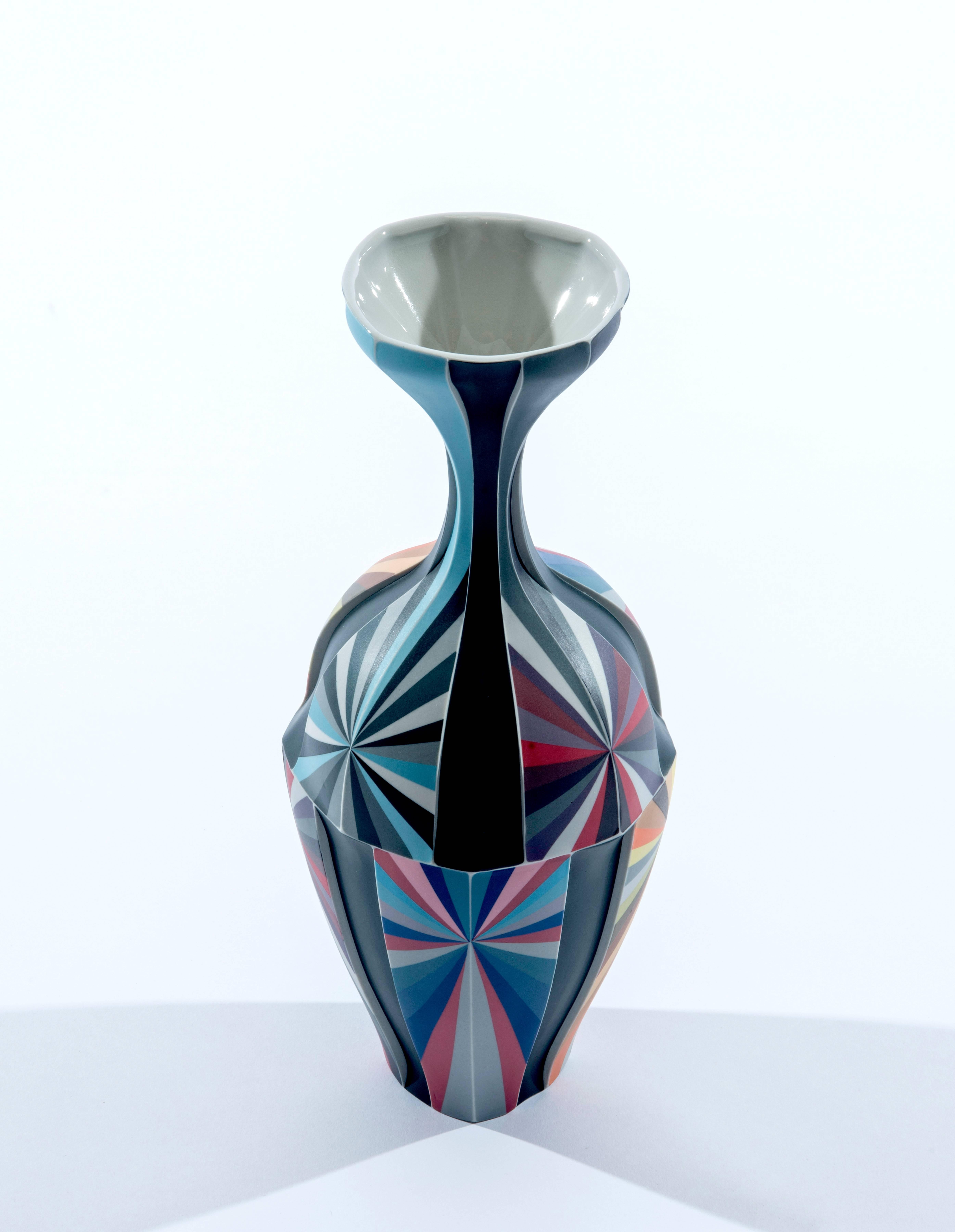 Peter Pincus
Grey, Orange, Blue and Red Color Fields Offset Vessel, 2018
Colored porcelain
13 x 5 x 5 in
Signed 