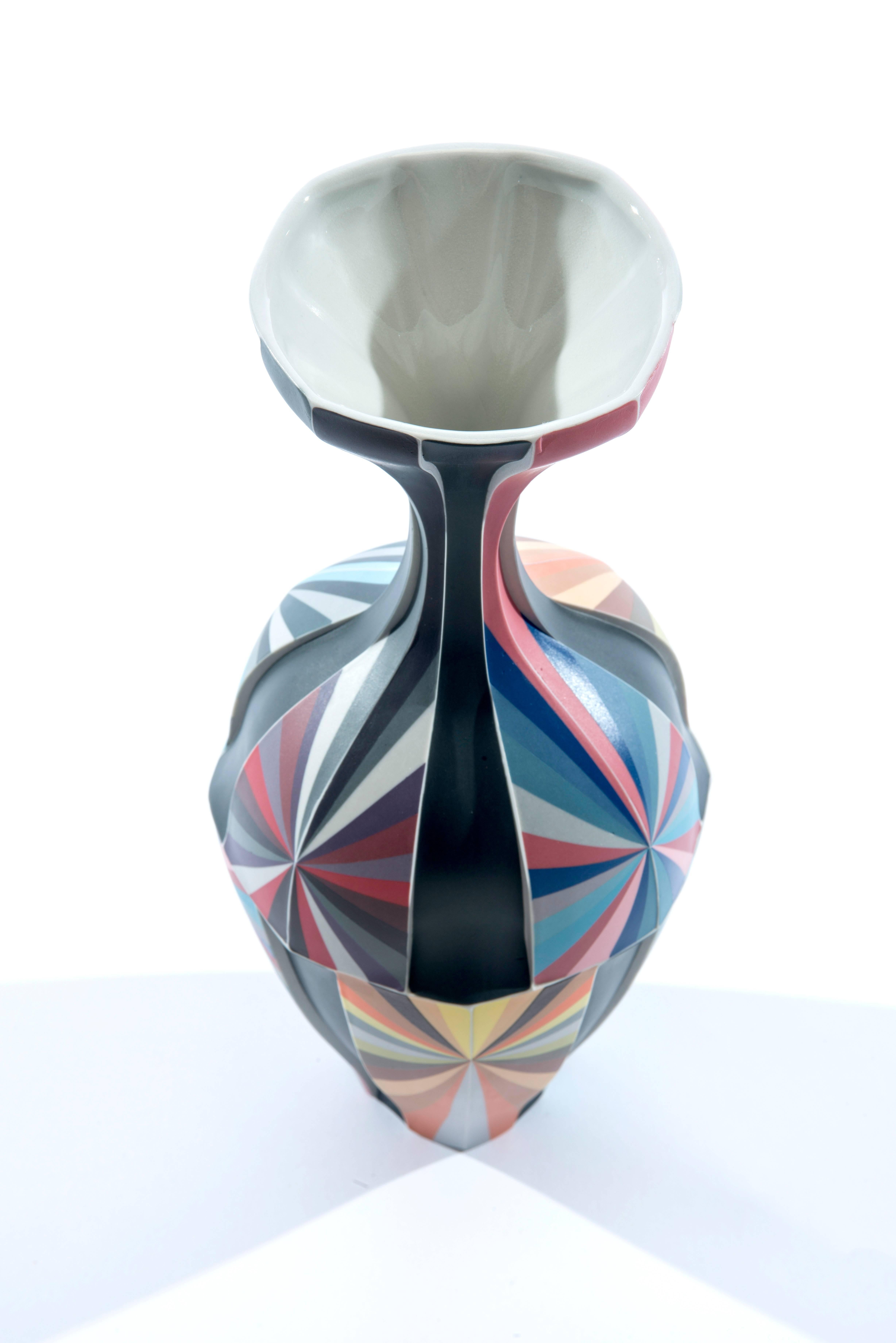 Grey, Orange, Blue, and Red Color Fields Vessel in Porcelain by Peter Pincus In New Condition In Philadelphia, PA