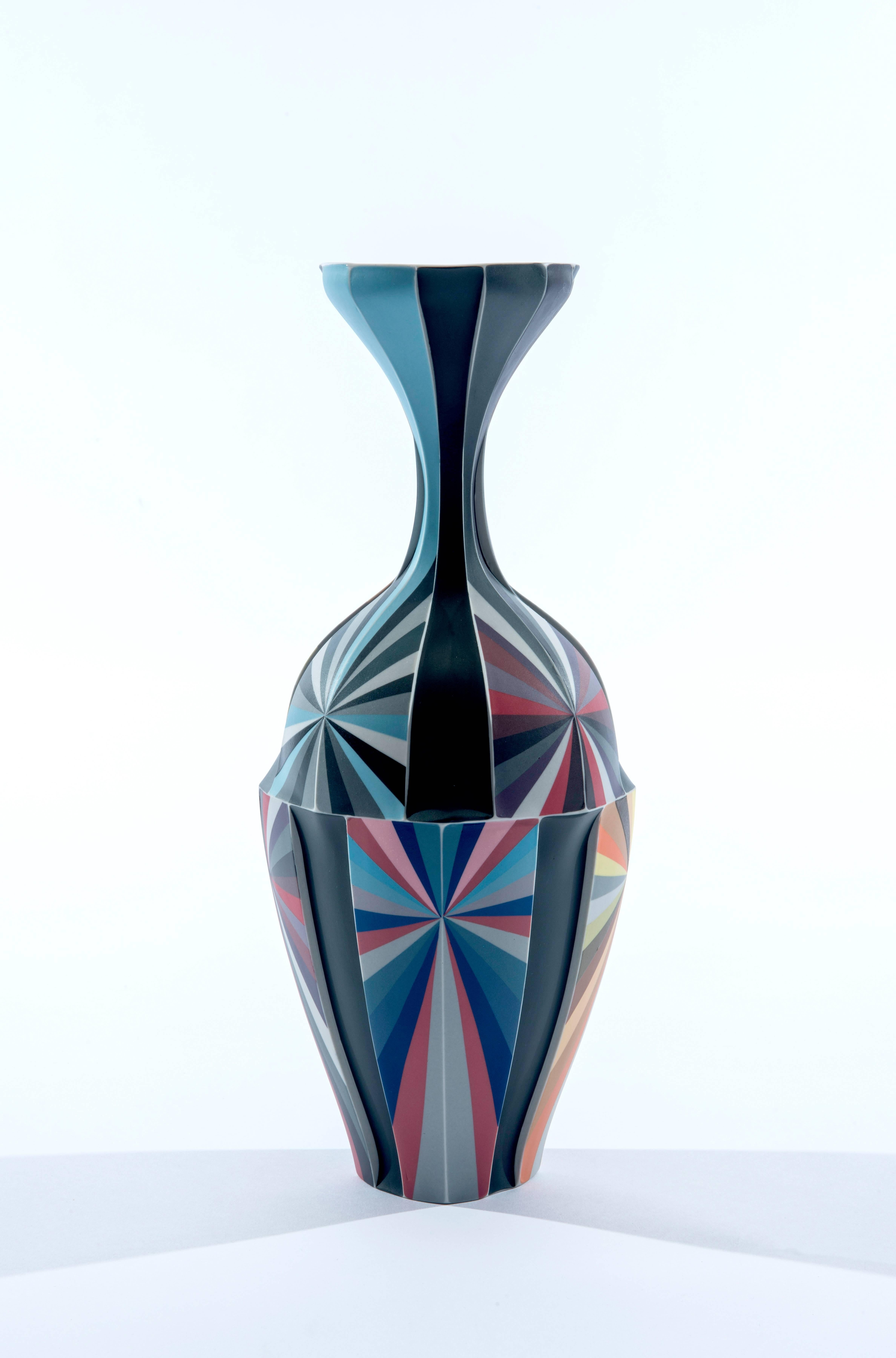 Grey, Orange, Blue, and Red Color Fields Vessel in Porcelain by Peter Pincus 3