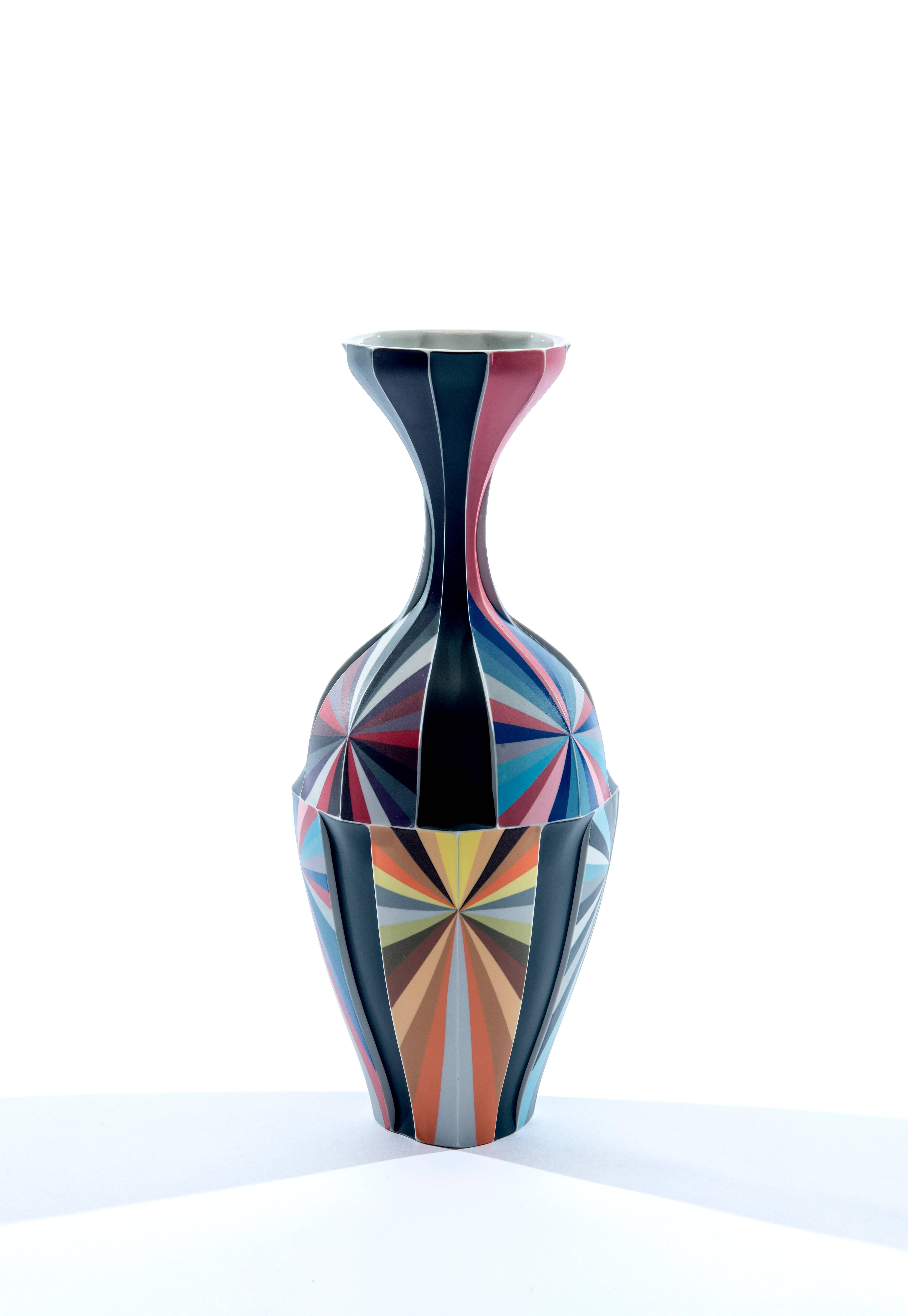 Grey, Orange, Blue, and Red Color Fields Vessel in Porcelain by Peter Pincus 4