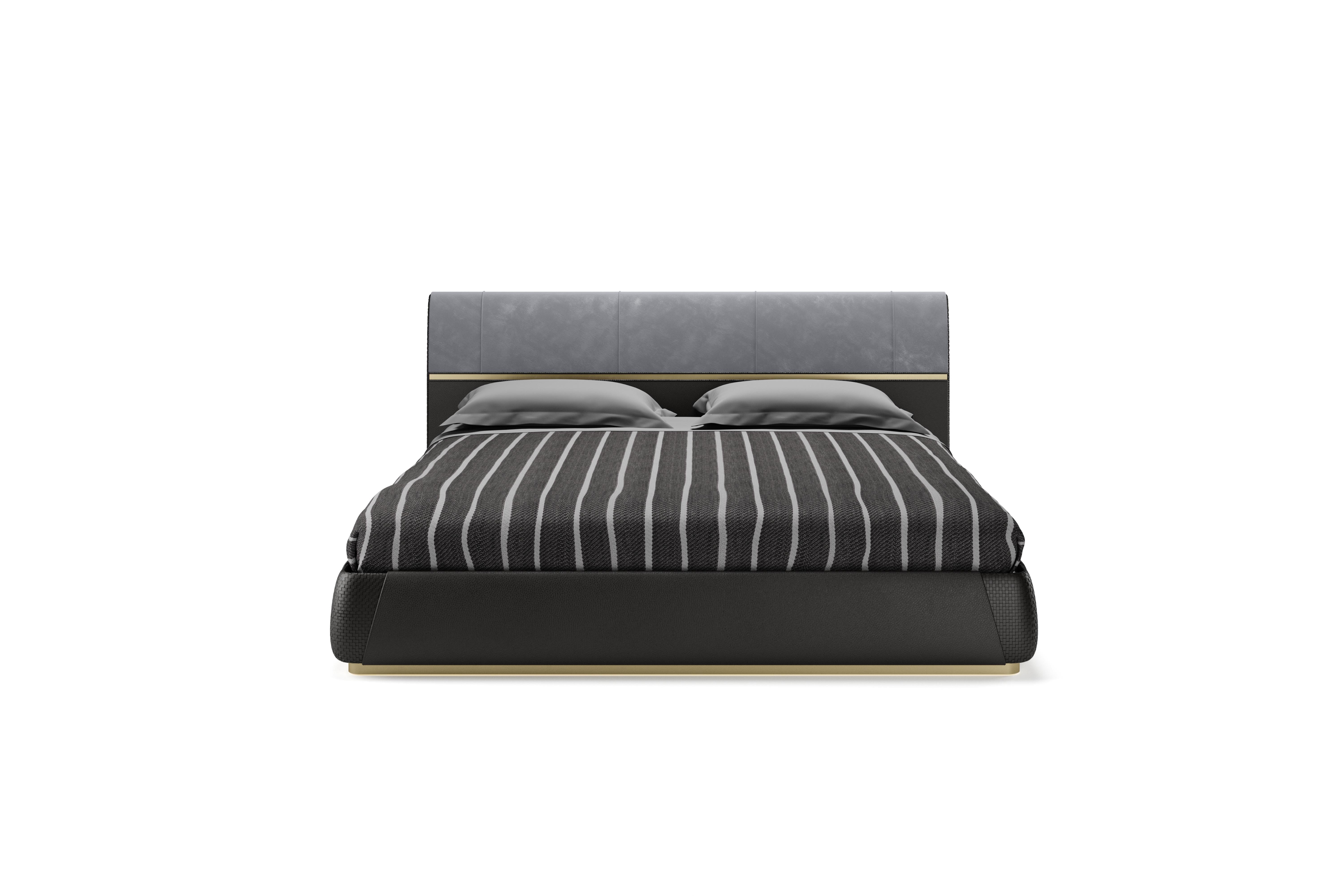 Dorian, guest bed in velvet and leather structure with metal gold frame dividing the materials. The edges details are made in crossed leather.

Dorian is available in foreign certifications.

Dorian is part of the 