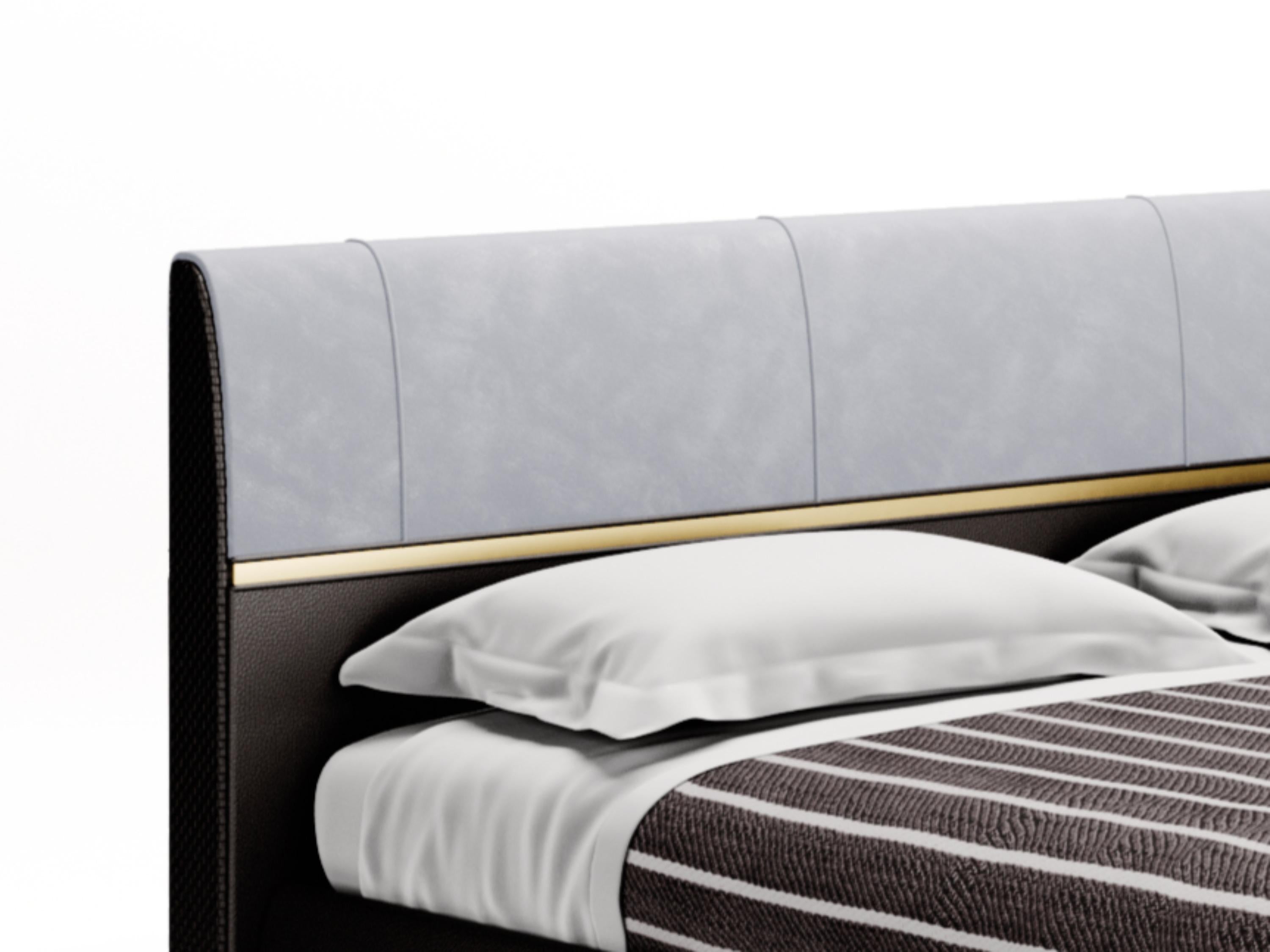 Italian Contemporary King Size Bed in Velvet and Leather with Crossed Leather Details For Sale