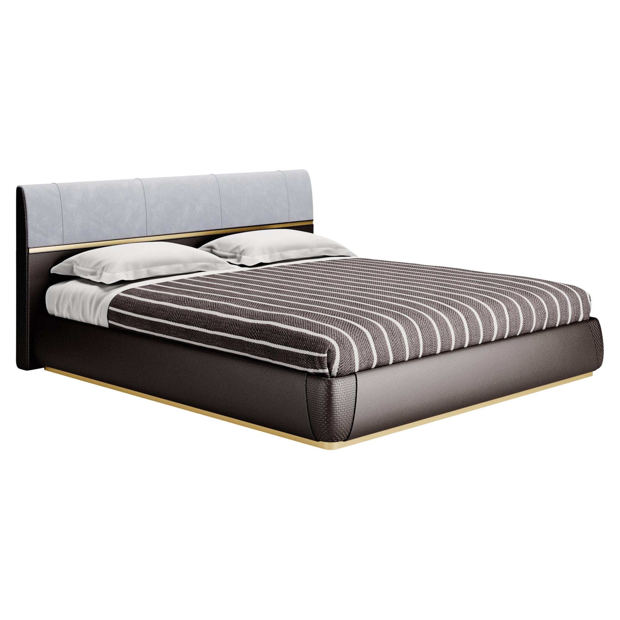 Contemporary King Size Bed in Velvet and Leather with Crossed Leather Details For Sale
