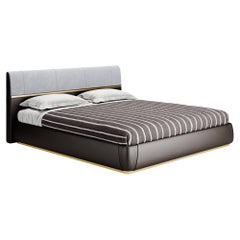 Contemporary King Size Bed in Velvet and Leather with Crossed Leather Details