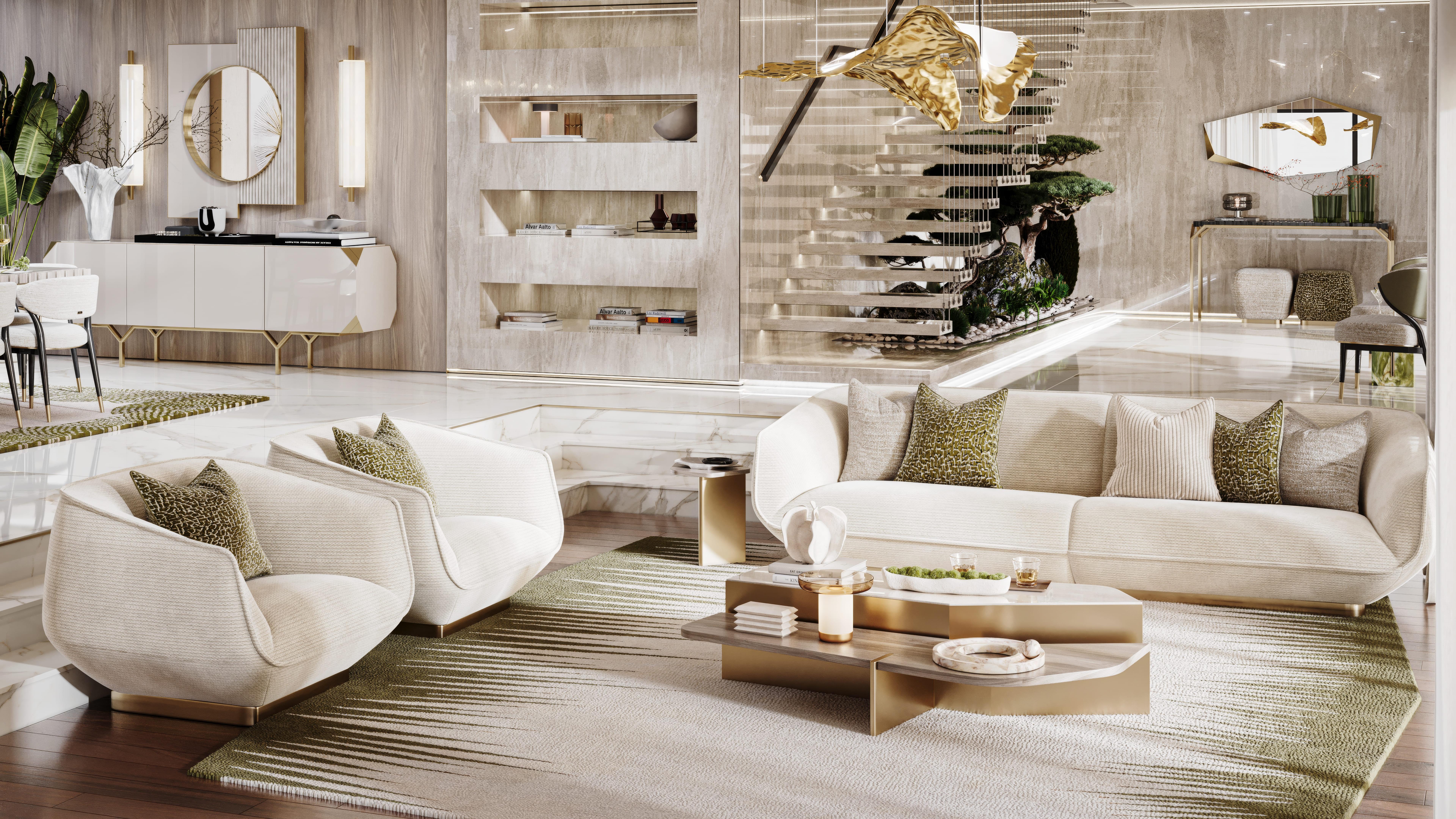 Brunito Divano Gulman contemporaneo con elegante silhouette curva e base in ottone spazzolato in vendita