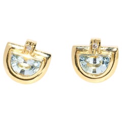 Contemporary Half Moon Aquamarine Studs Style Earrings 18 Carat Yellow Gold