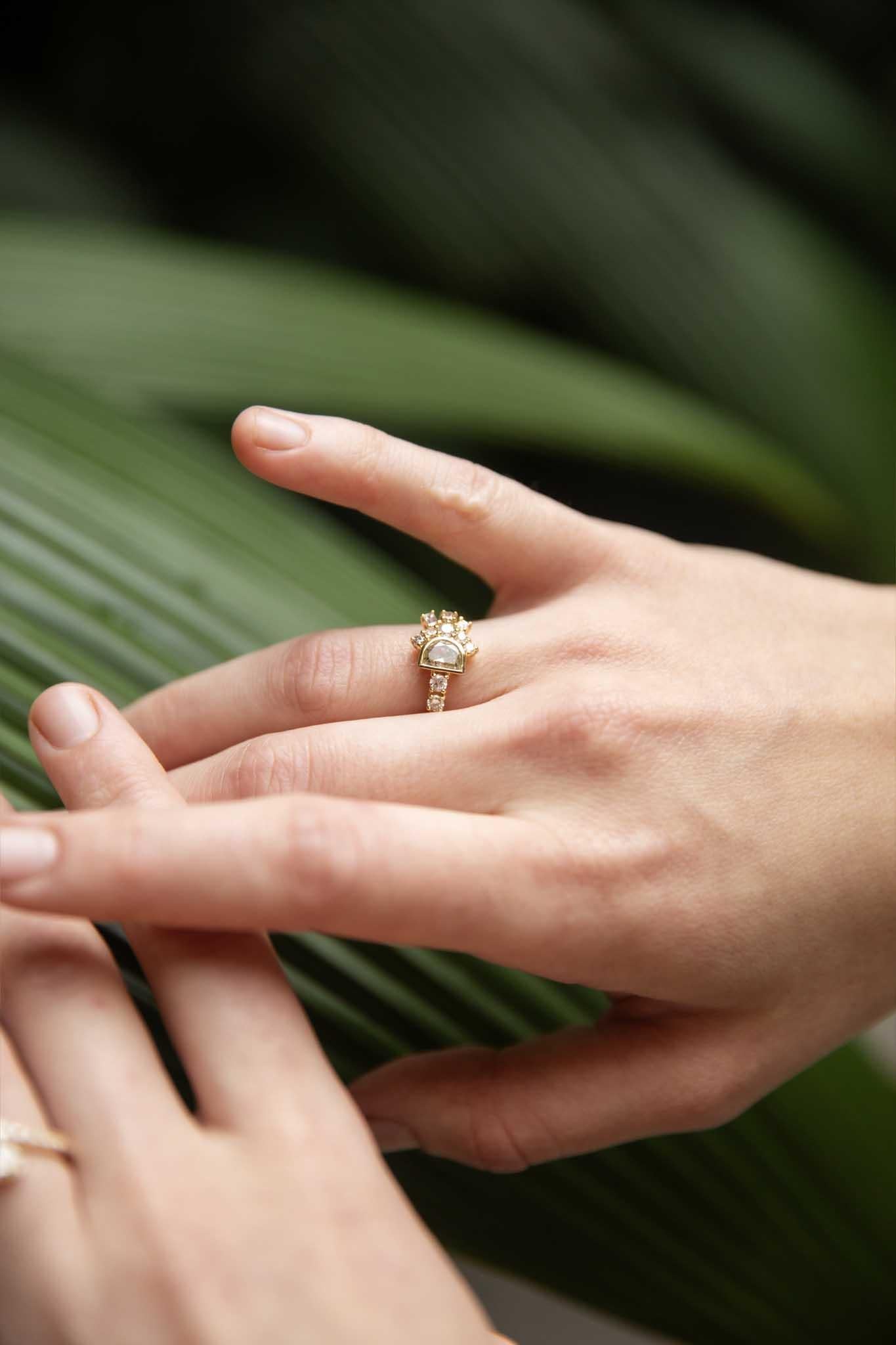 Contemporary Half Moon Cut & Baguette Diamond Ring 18 Carat Yellow Gold For Sale 6
