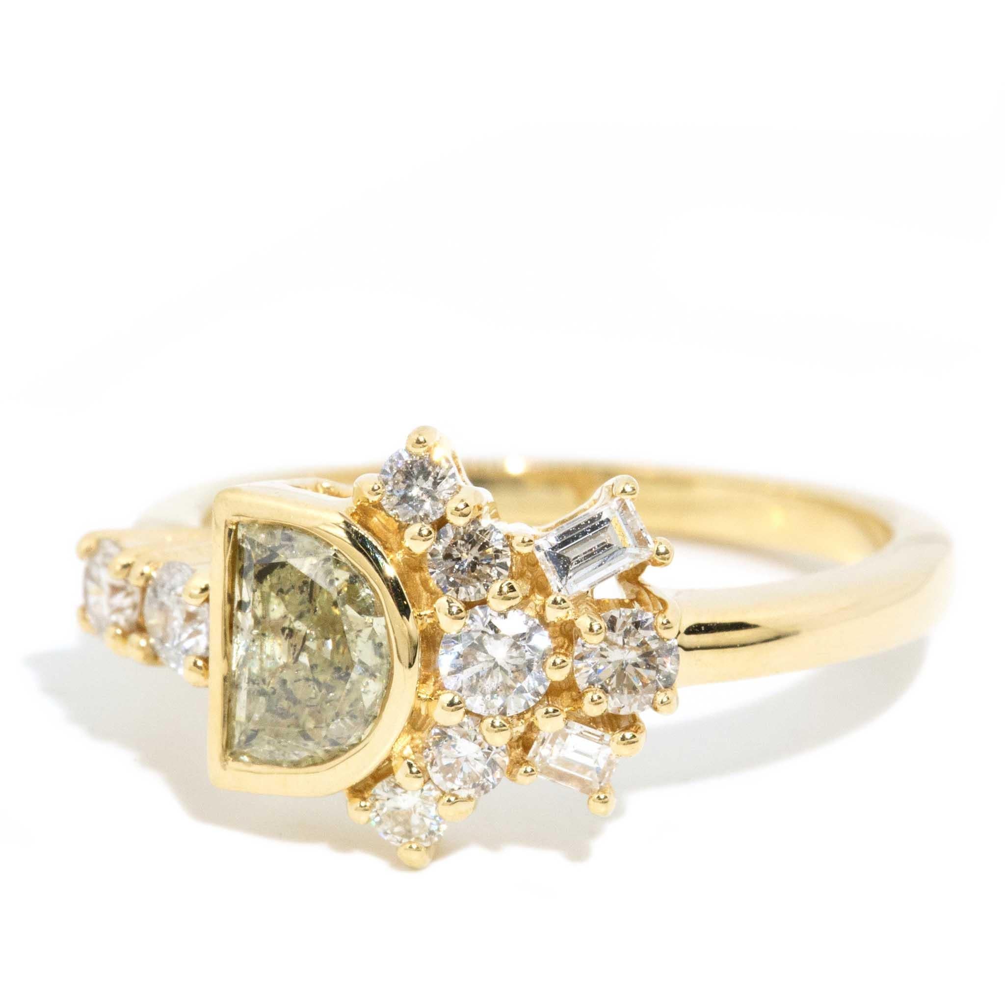 Contemporary Half Moon Cut & Baguette Diamond Ring 18 Carat Yellow Gold For Sale 1