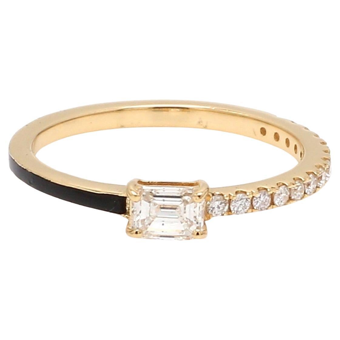For Sale:  Contemporary Half-Pavé 14k Yellow Gold Diamond Enamel Band Stackable Ring
