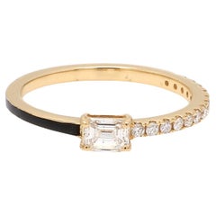 Contemporary Half-Pavé 14k Yellow Gold Diamond Enamel Band Stackable Ring