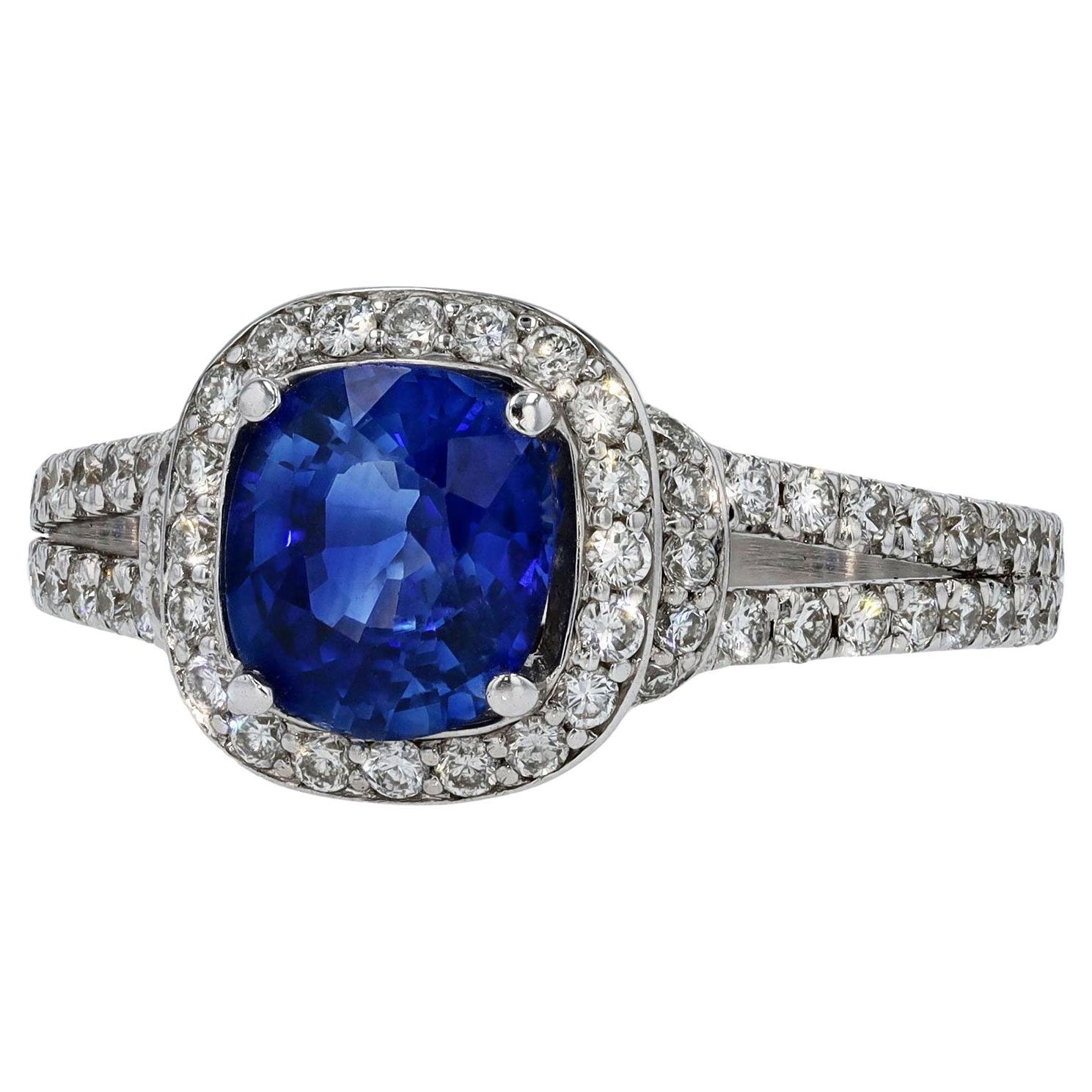 Contemporary Halo Diamond V Band Sapphire Engagement Ring For Sale